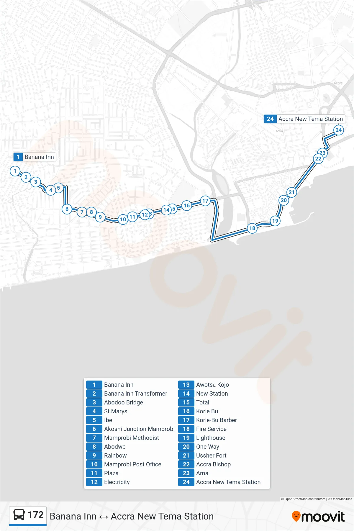 172 bus Line (Accra New Tema Station) route and stops on a map