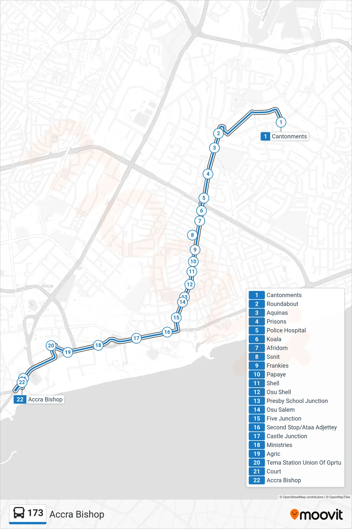 173 bus Line (Accra Bishop) route and stops on a map