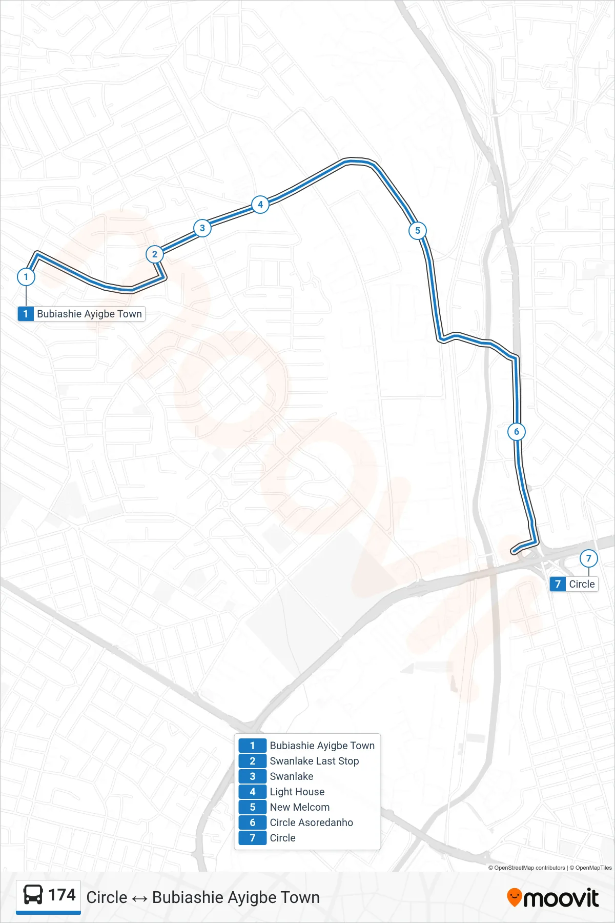 174 bus Line (Circle) route and stops on a map