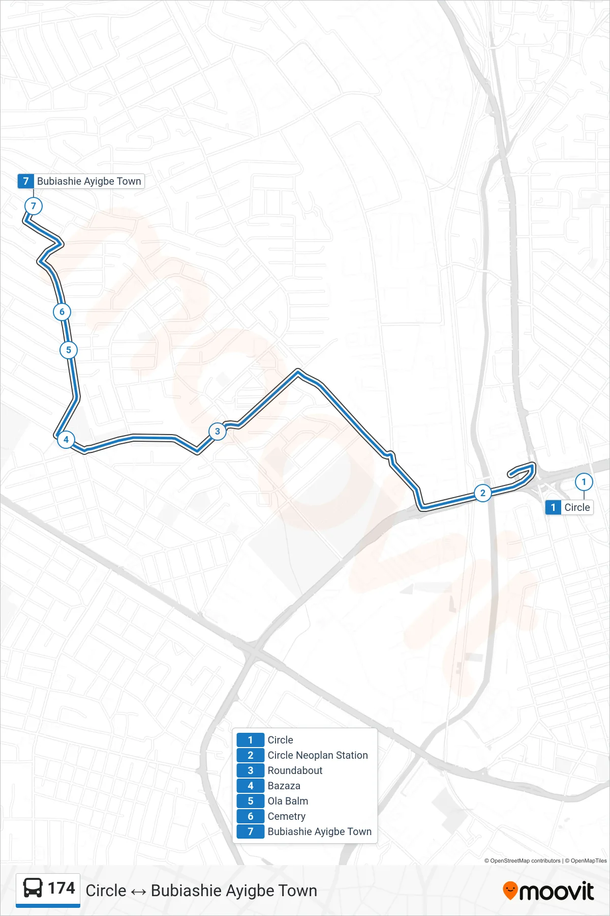 174 bus Line (Bubiashie Ayigbe Town) route and stops on a map