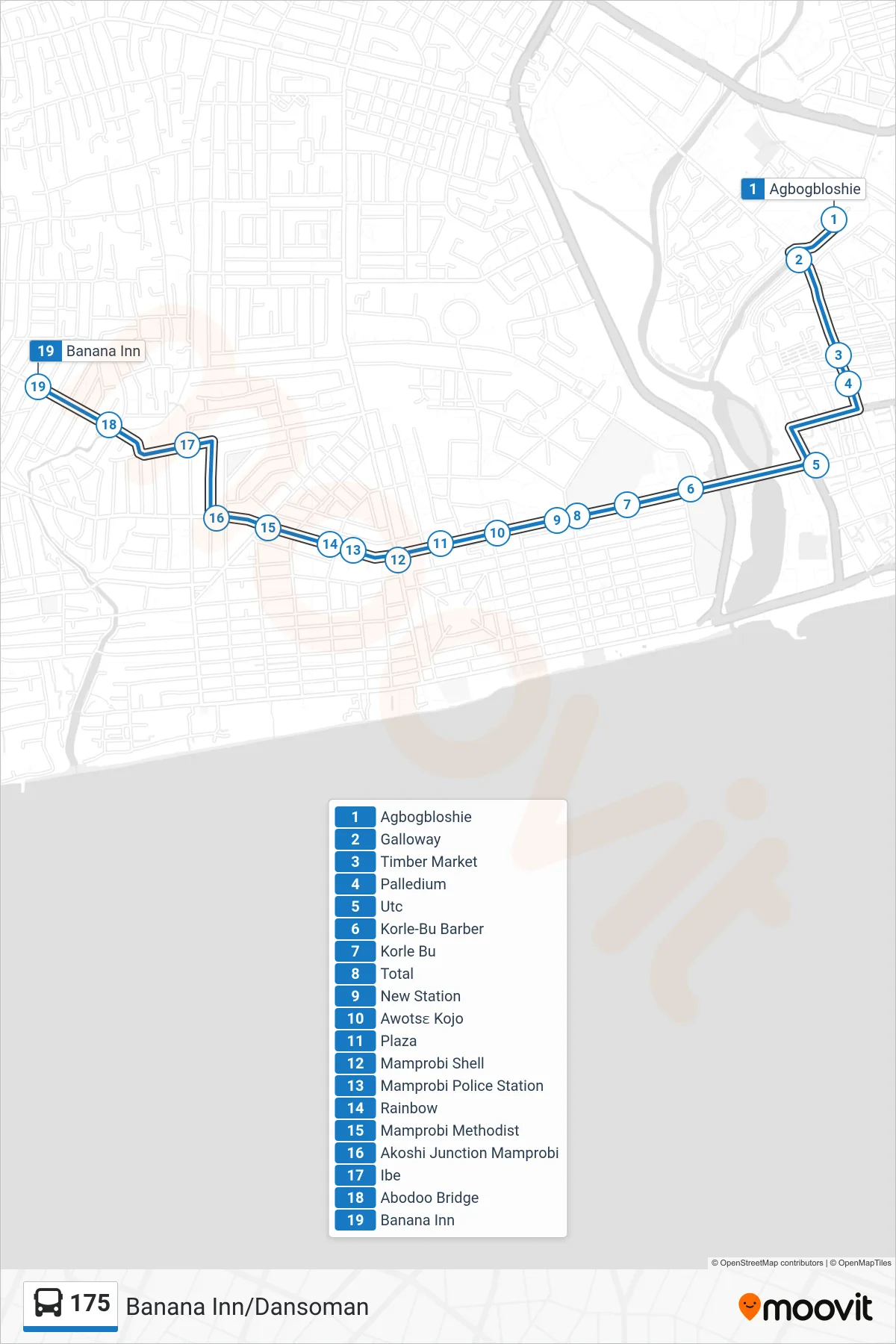 175 bus Line (Banana Inn/Dansoman) route and stops on a map