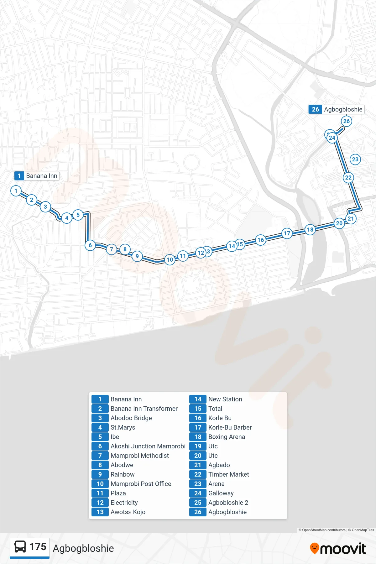 175 bus Line (Agbogbloshie) route and stops on a map