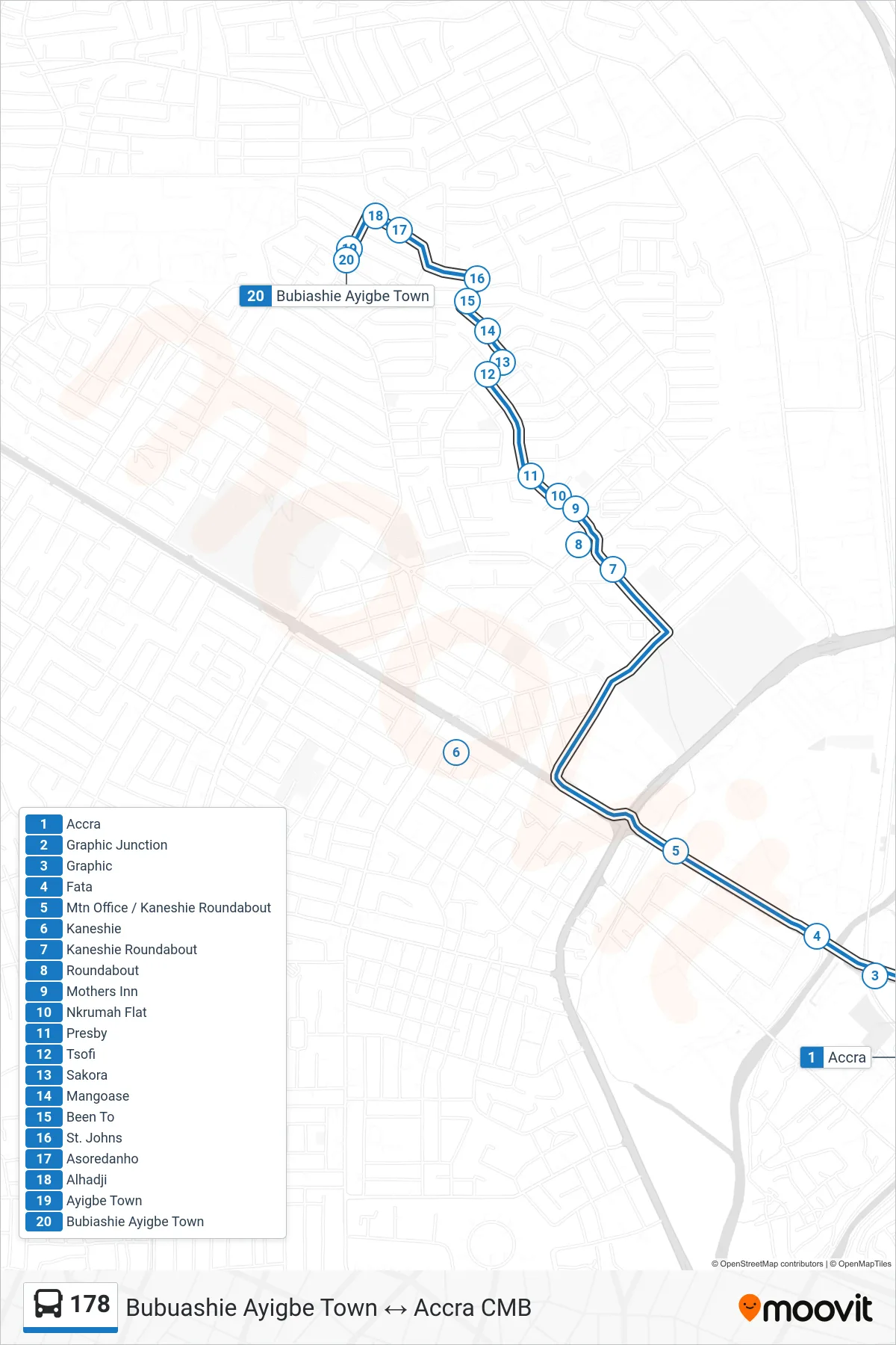 178 bus Line (Bubuashie Ayigbe Town) route and stops on a map
