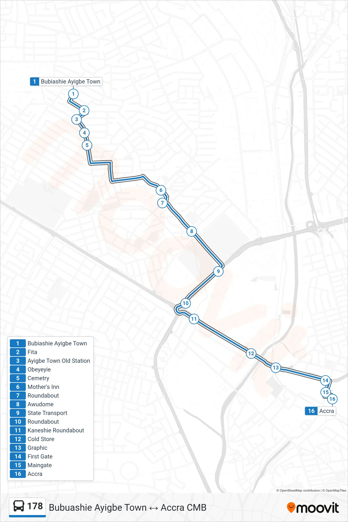 178 bus Line (Accra Cmb) route and stops on a map