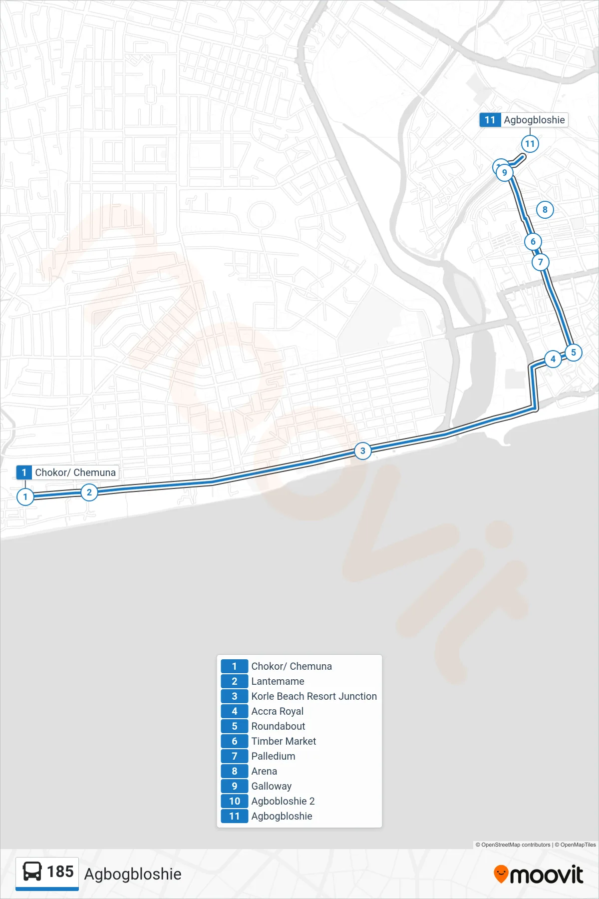 185 bus Line (Agbogbloshie) route and stops on a map