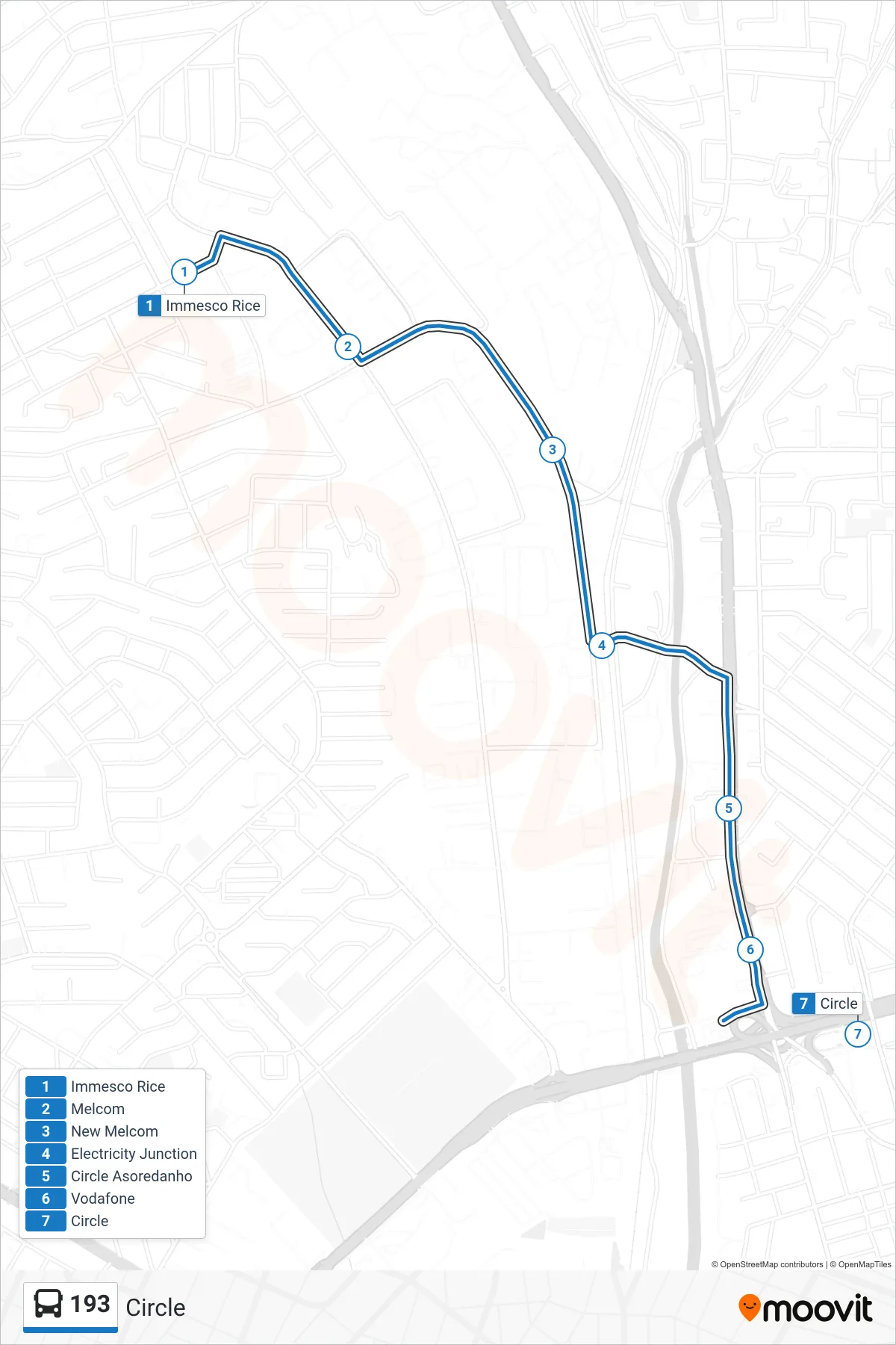 193 bus Line (Circle) route and stops on a map