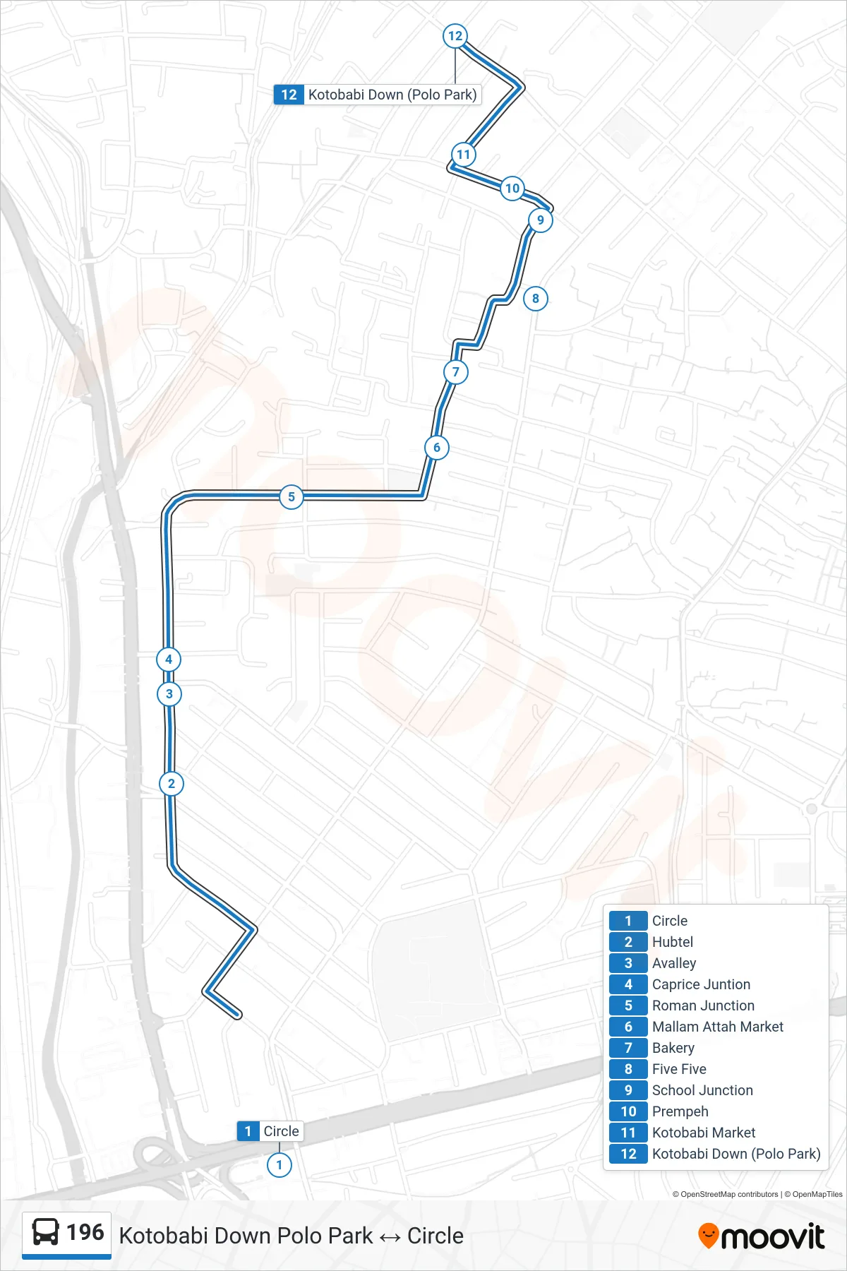 196 bus Line (Kotobabi Down Polo Park) route and stops on a map