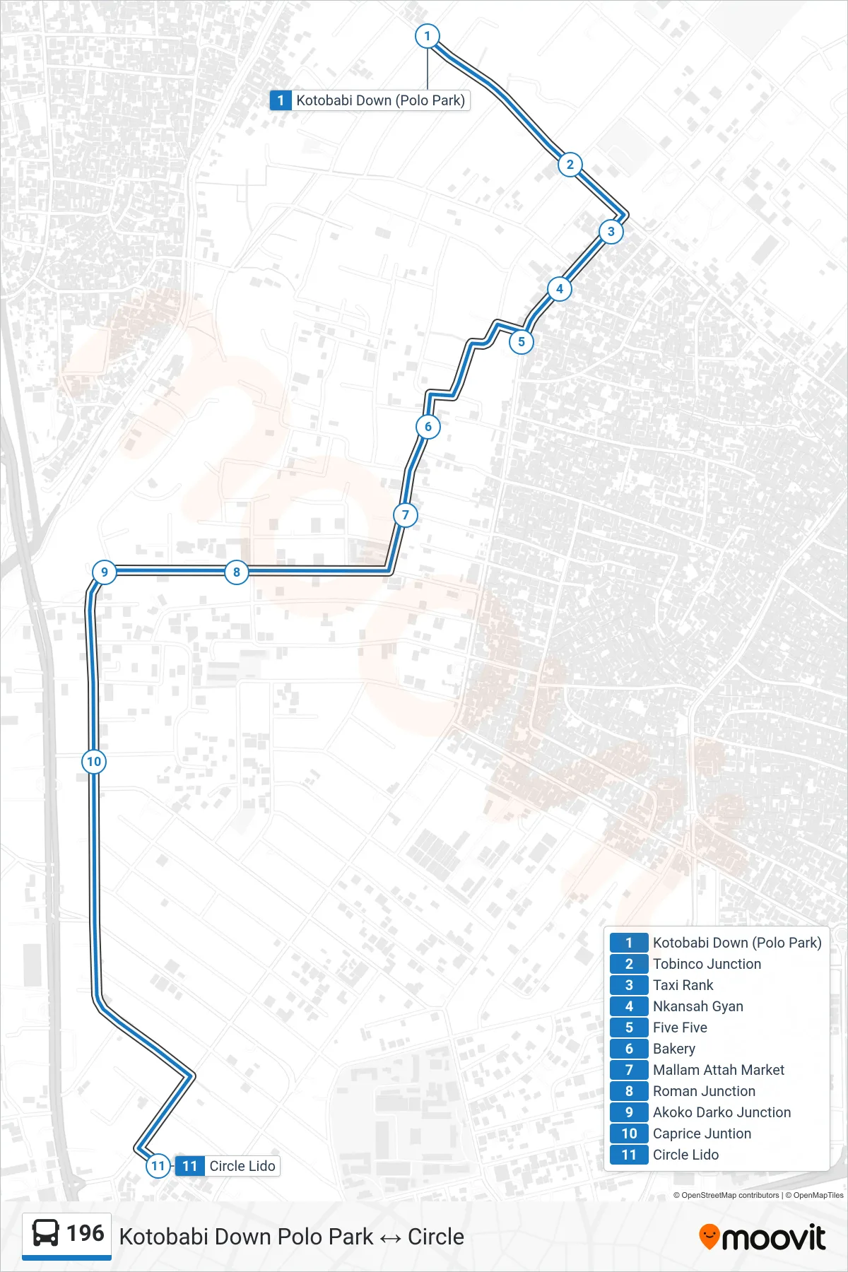 196 bus Line (Circle) route and stops on a map