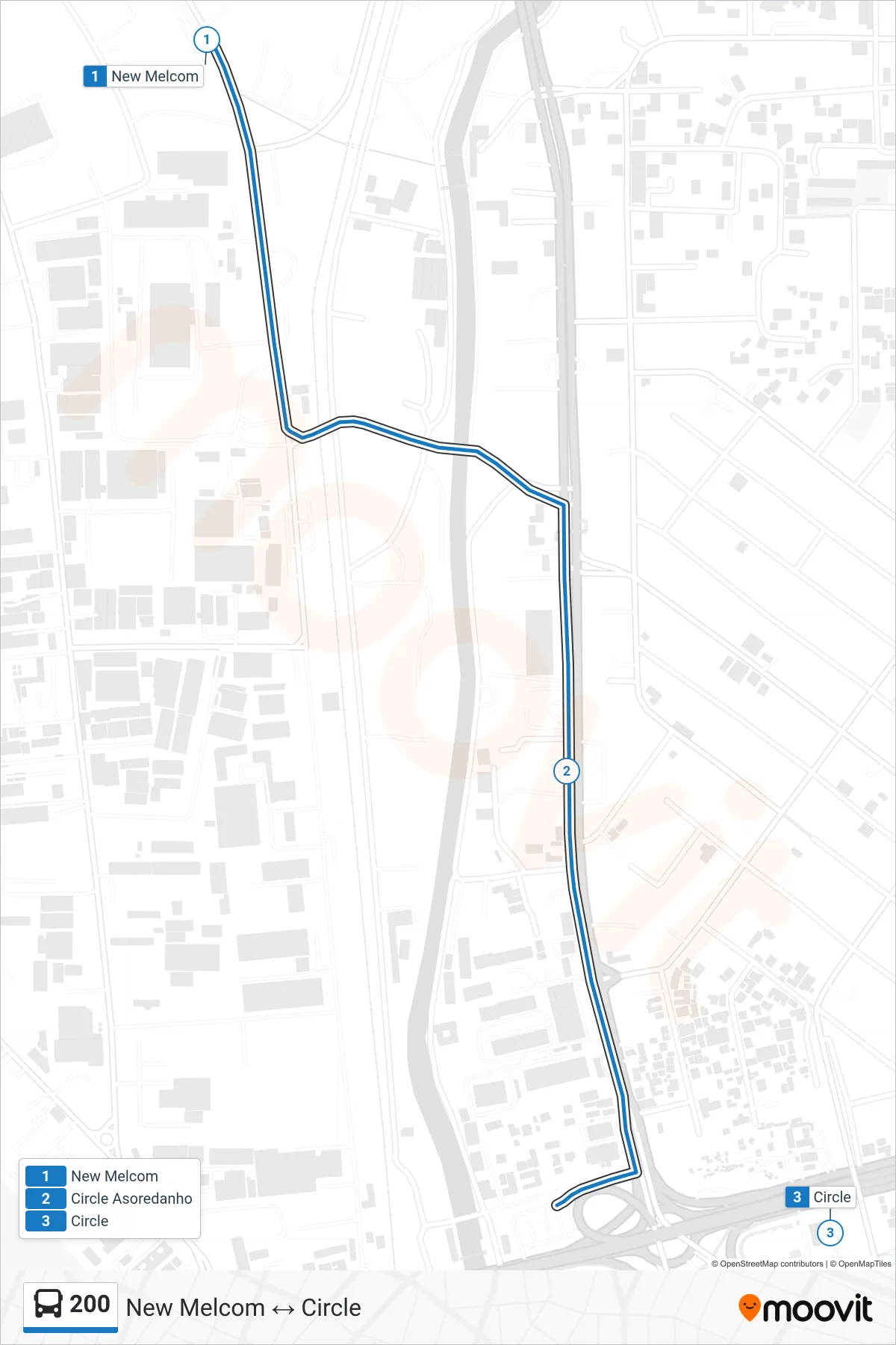 200 bus Line (Circle) route and stops on a map