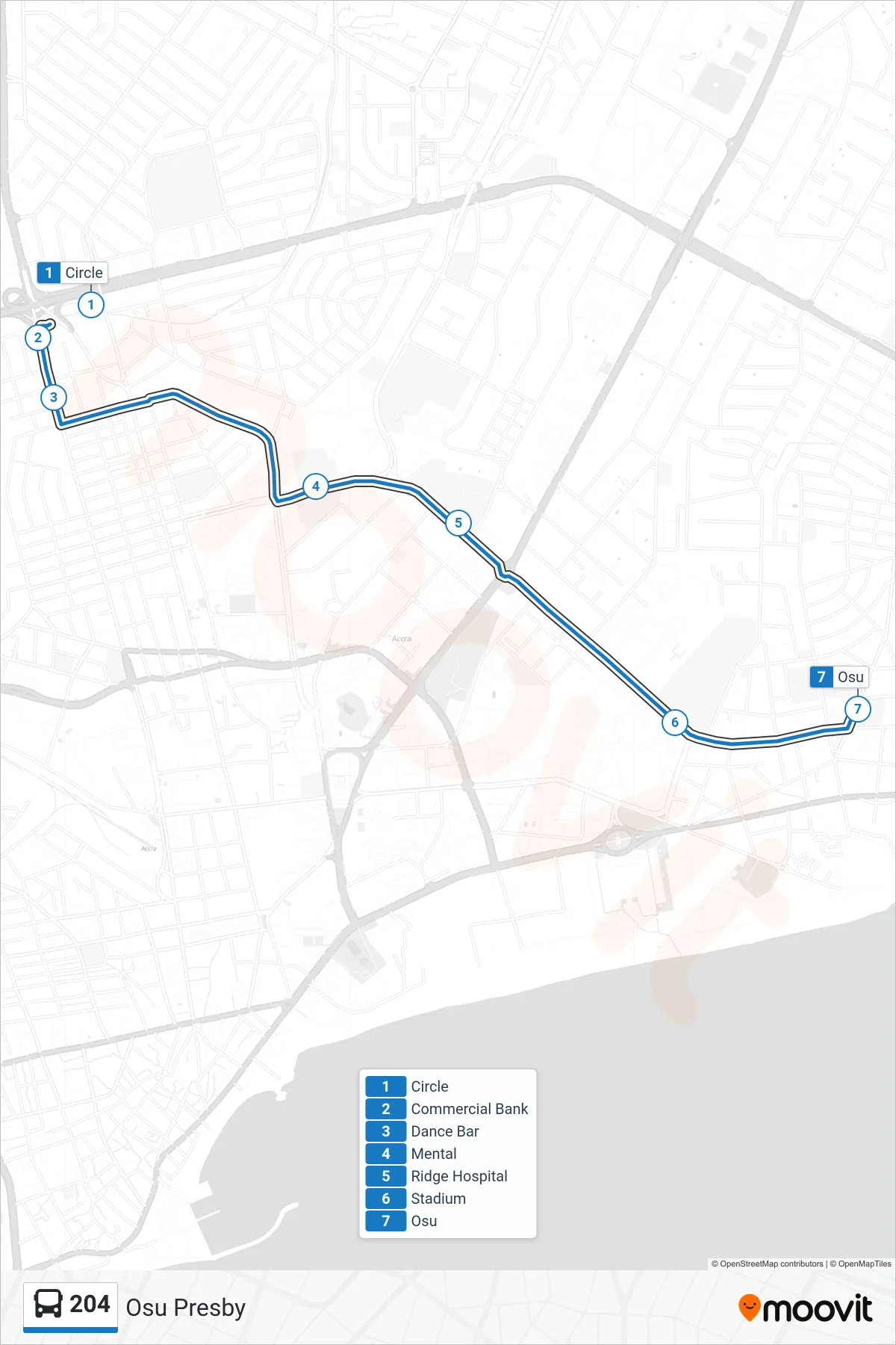 204 bus Line (Osu Presby) route and stops on a map