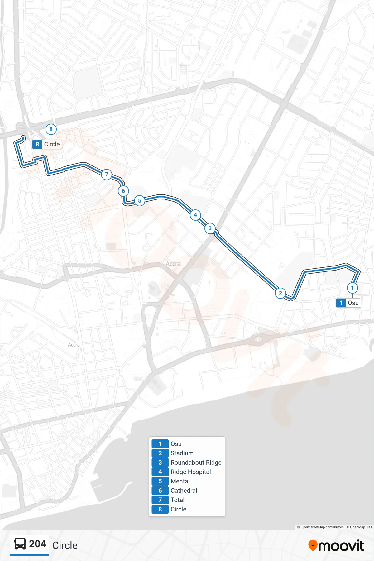 204 bus Line (Circle) route and stops on a map