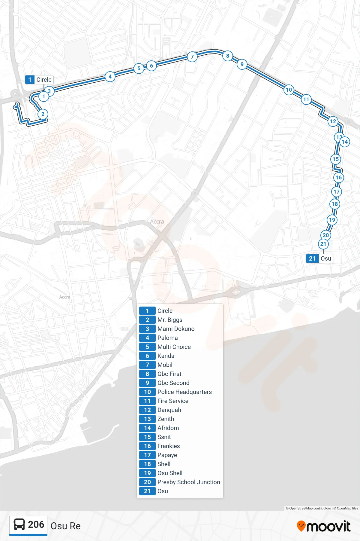 206 bus Line (Osu Re) route and stops on a map