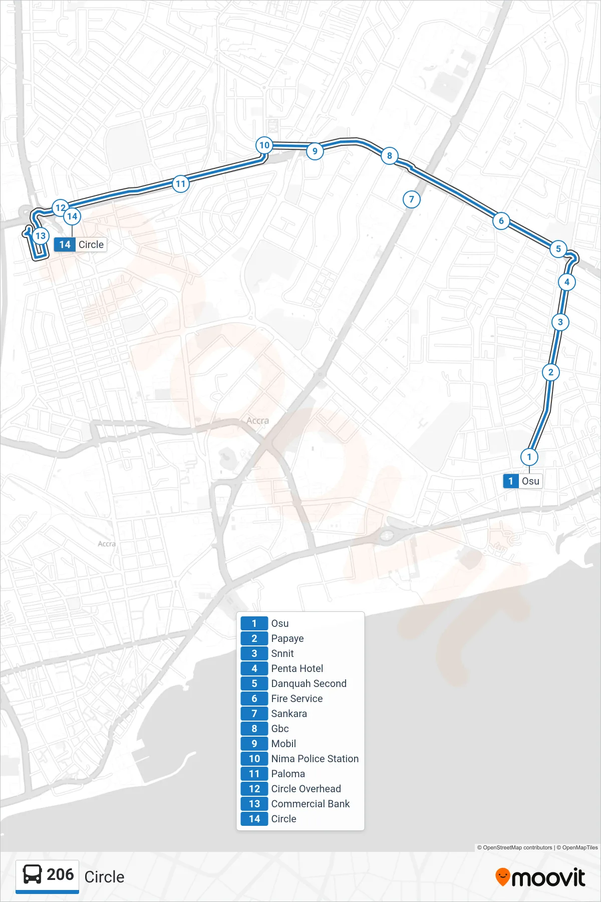 206 bus Line (Circle) route and stops on a map