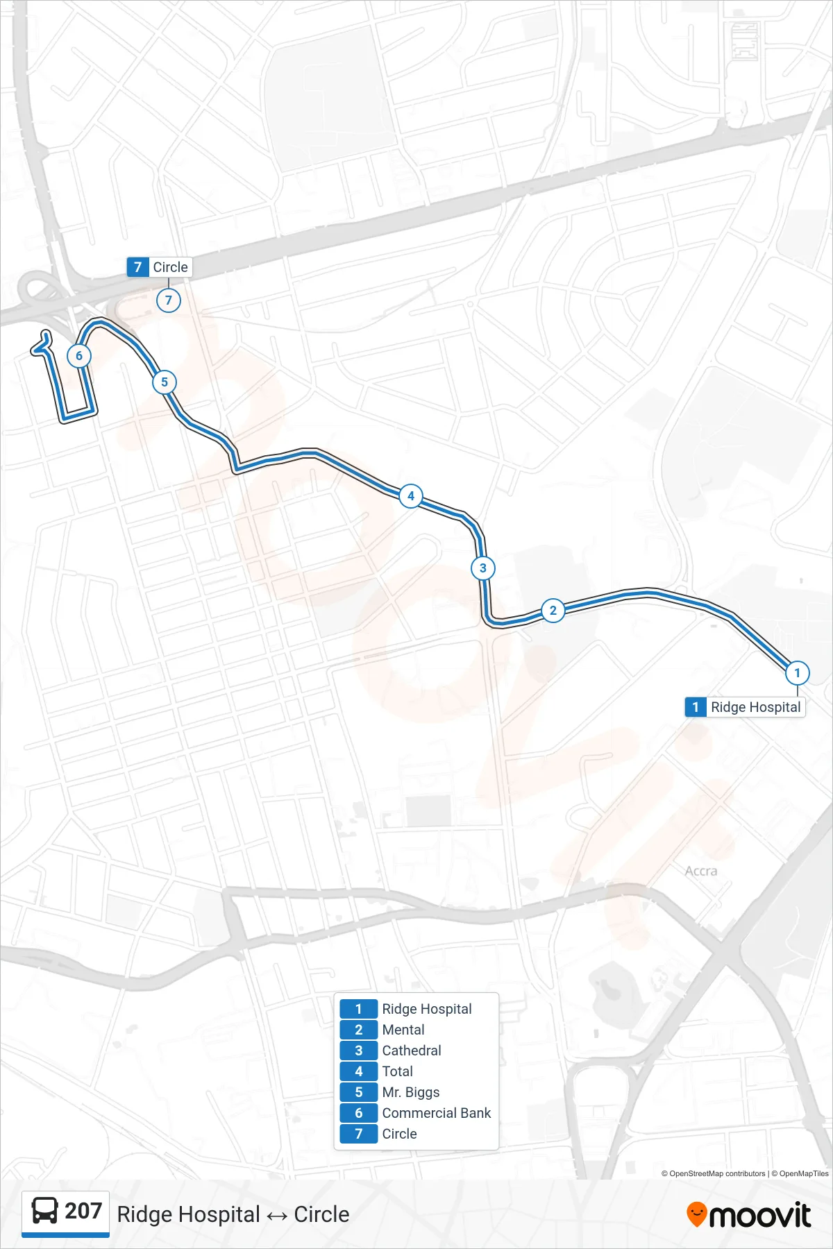 207 bus Line (Circle) route and stops on a map