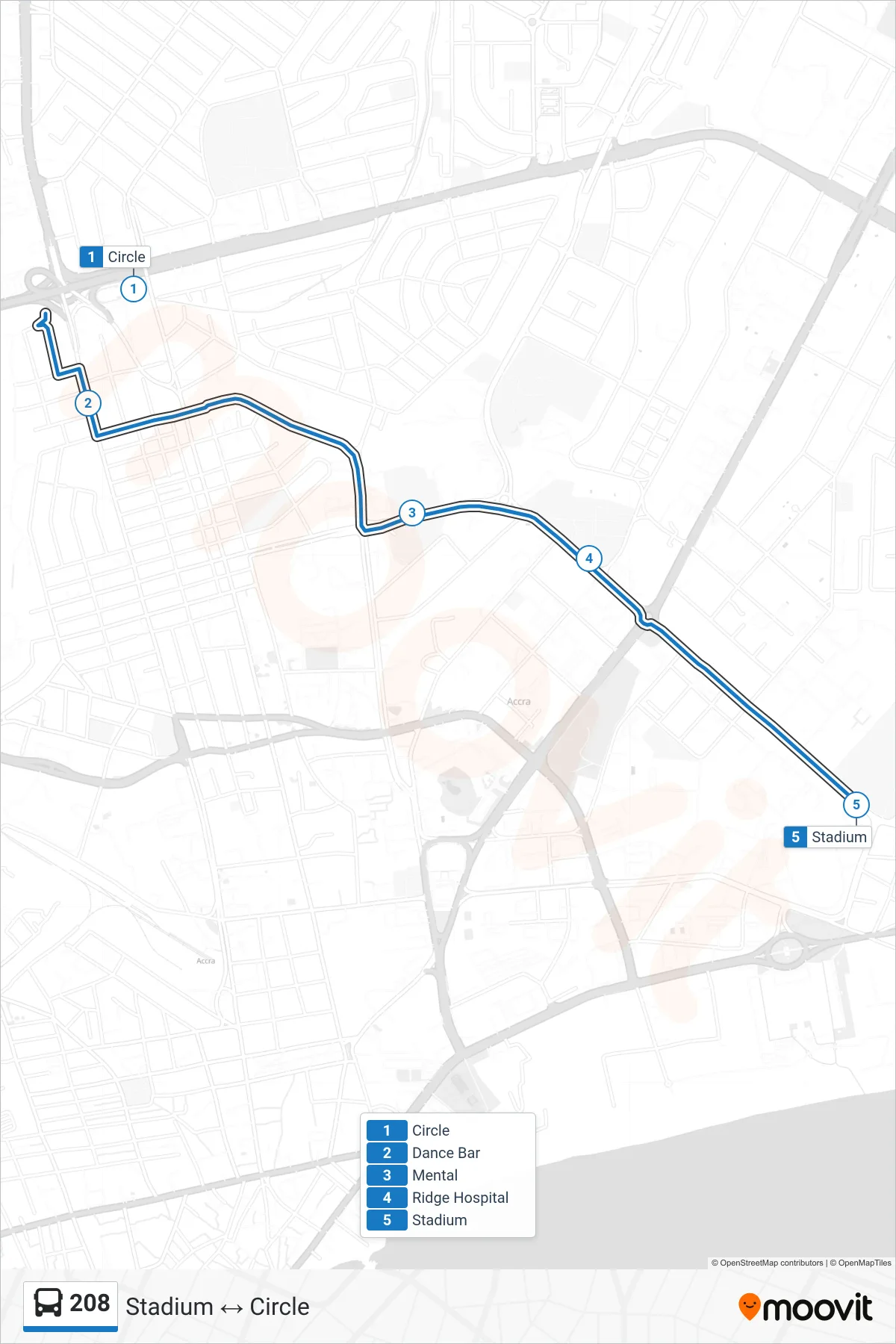 208 bus Line (Stadium) route and stops on a map