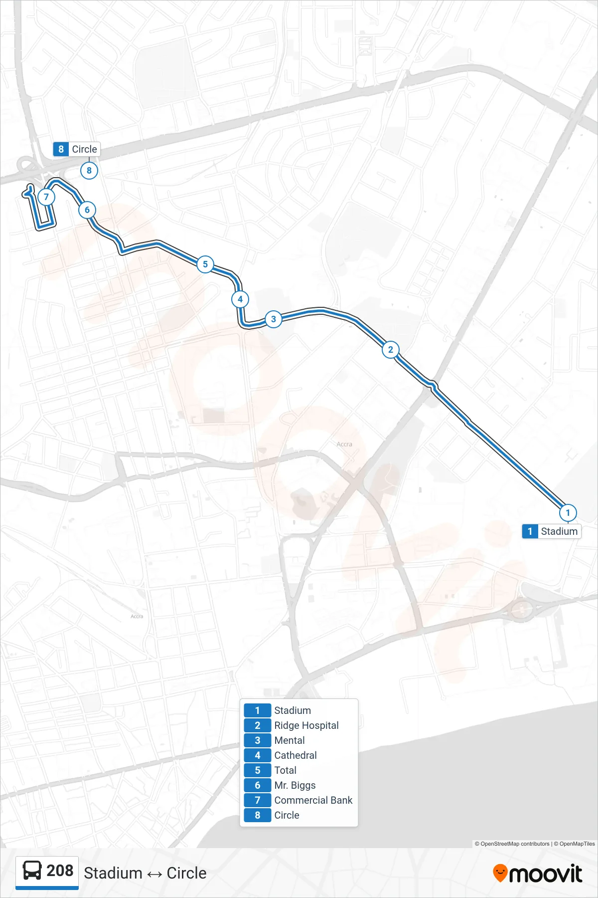 208 bus Line (Circle) route and stops on a map