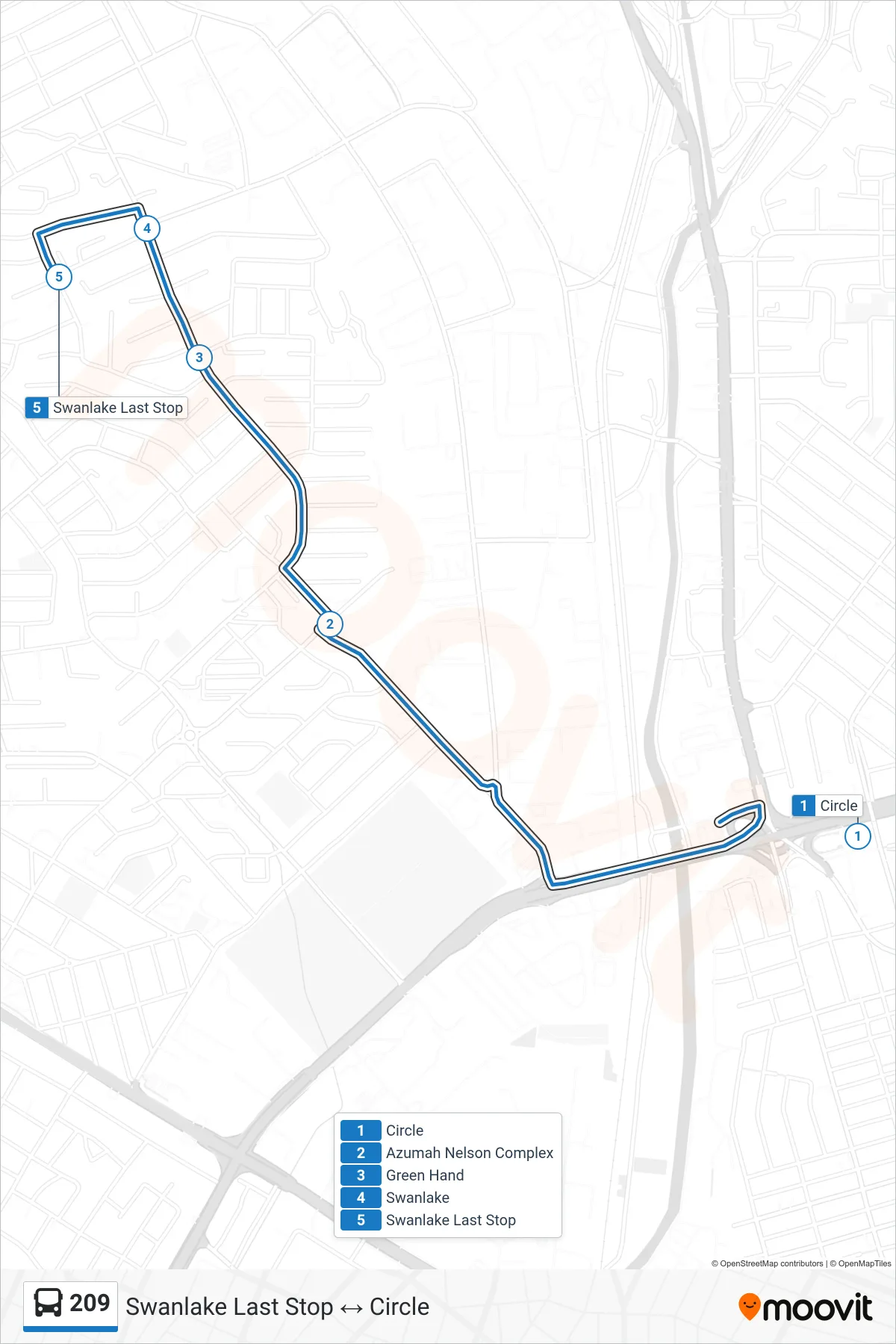 209 bus Line (Swanlake Last Stop) route and stops on a map