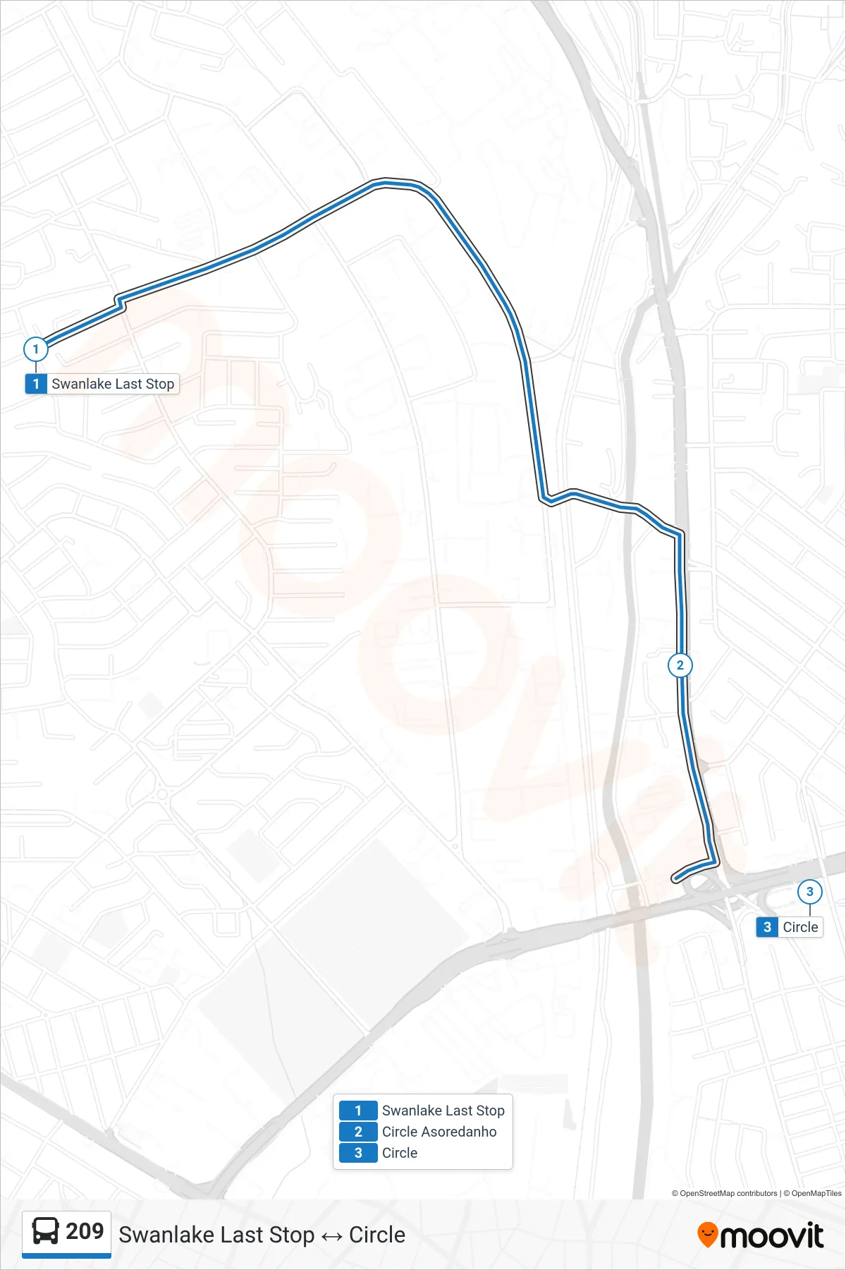 209 bus Line (Circle) route and stops on a map