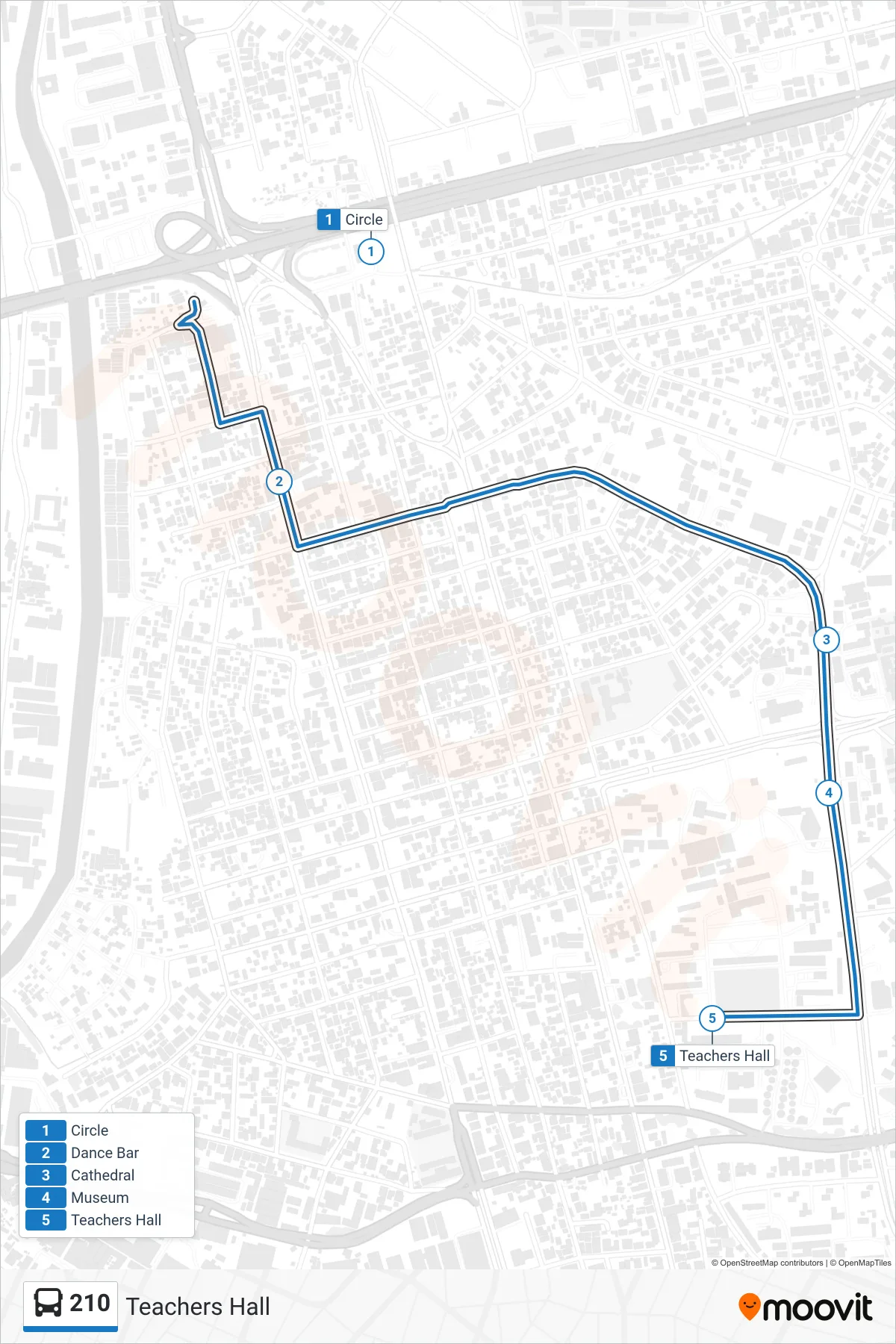 210 bus Line (Teachers Hall) route and stops on a map