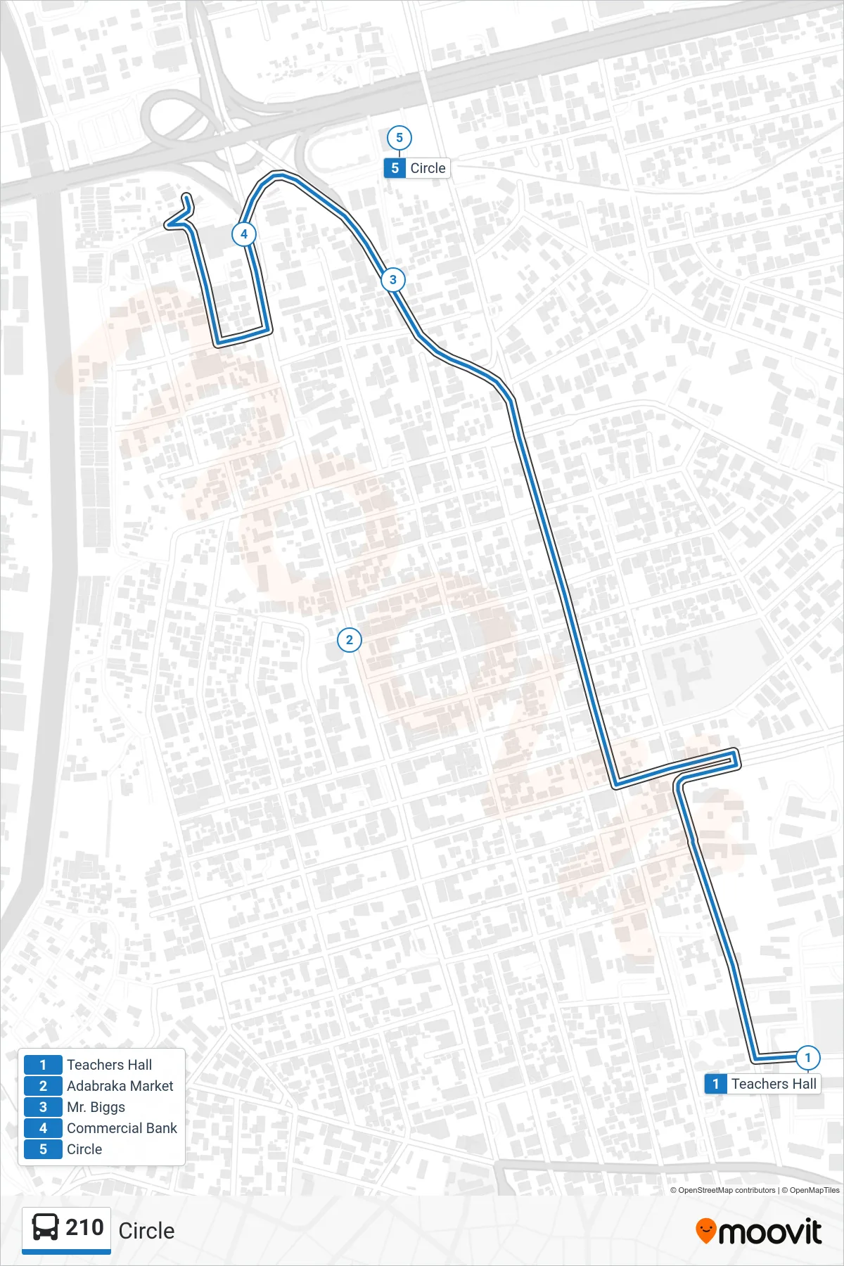 210 bus Line (Circle) route and stops on a map