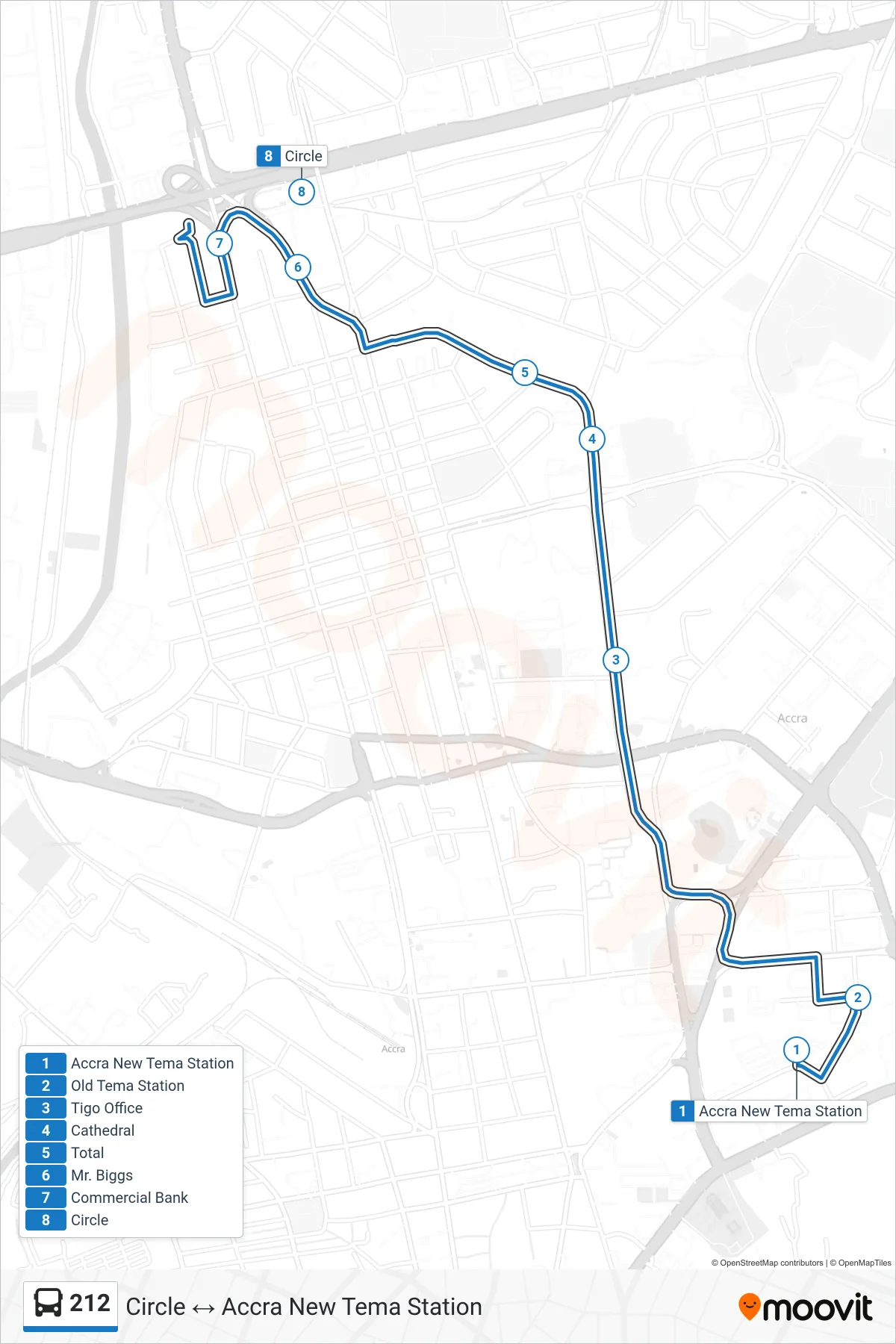 212 bus Line (Circle) route and stops on a map