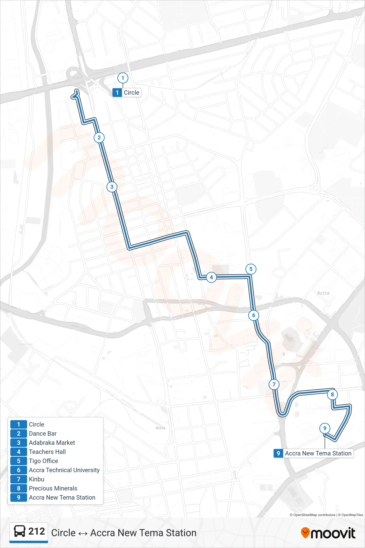 212 bus Line (Accra New Tema Station) route and stops on a map