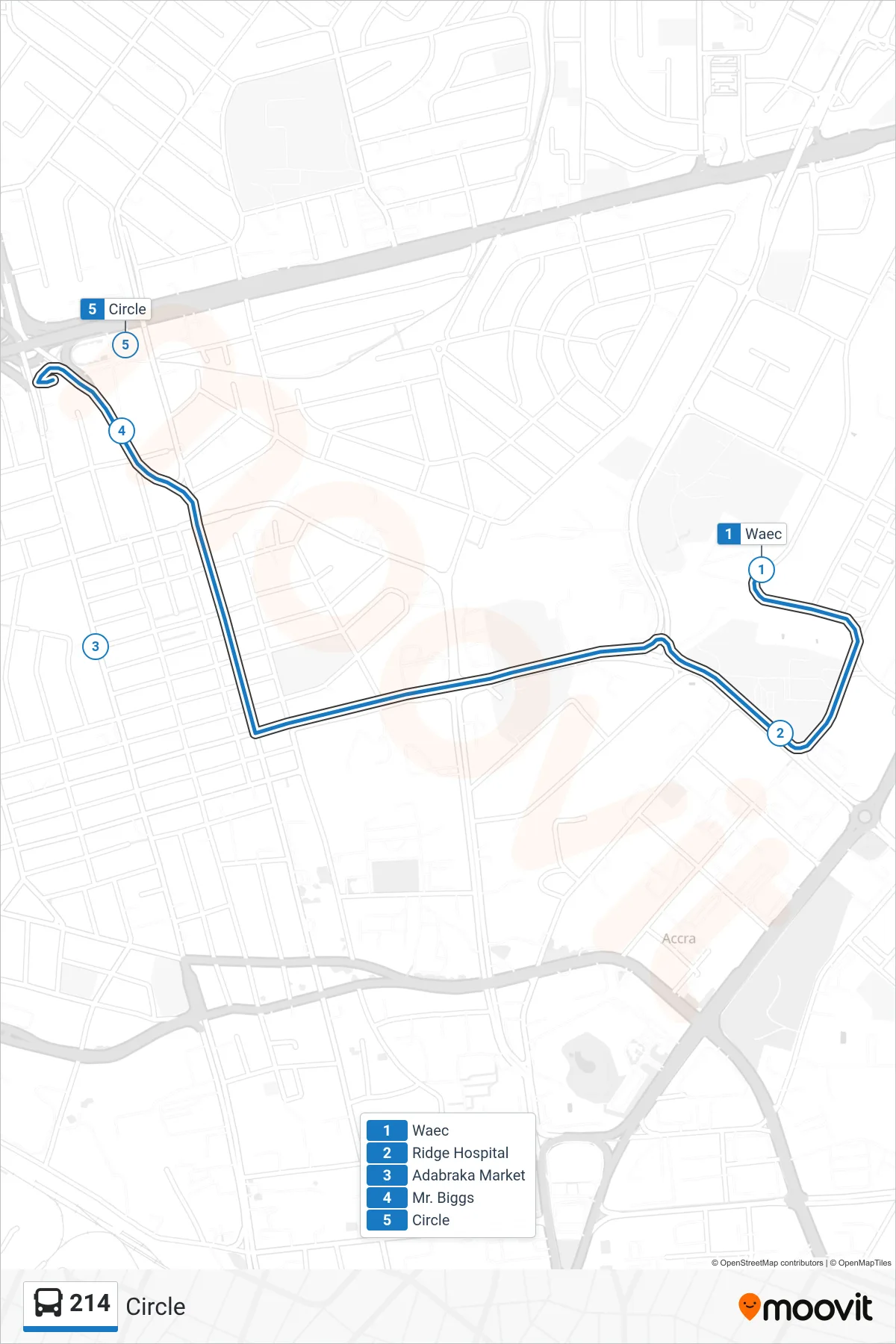 214 bus Line (Circle) route and stops on a map