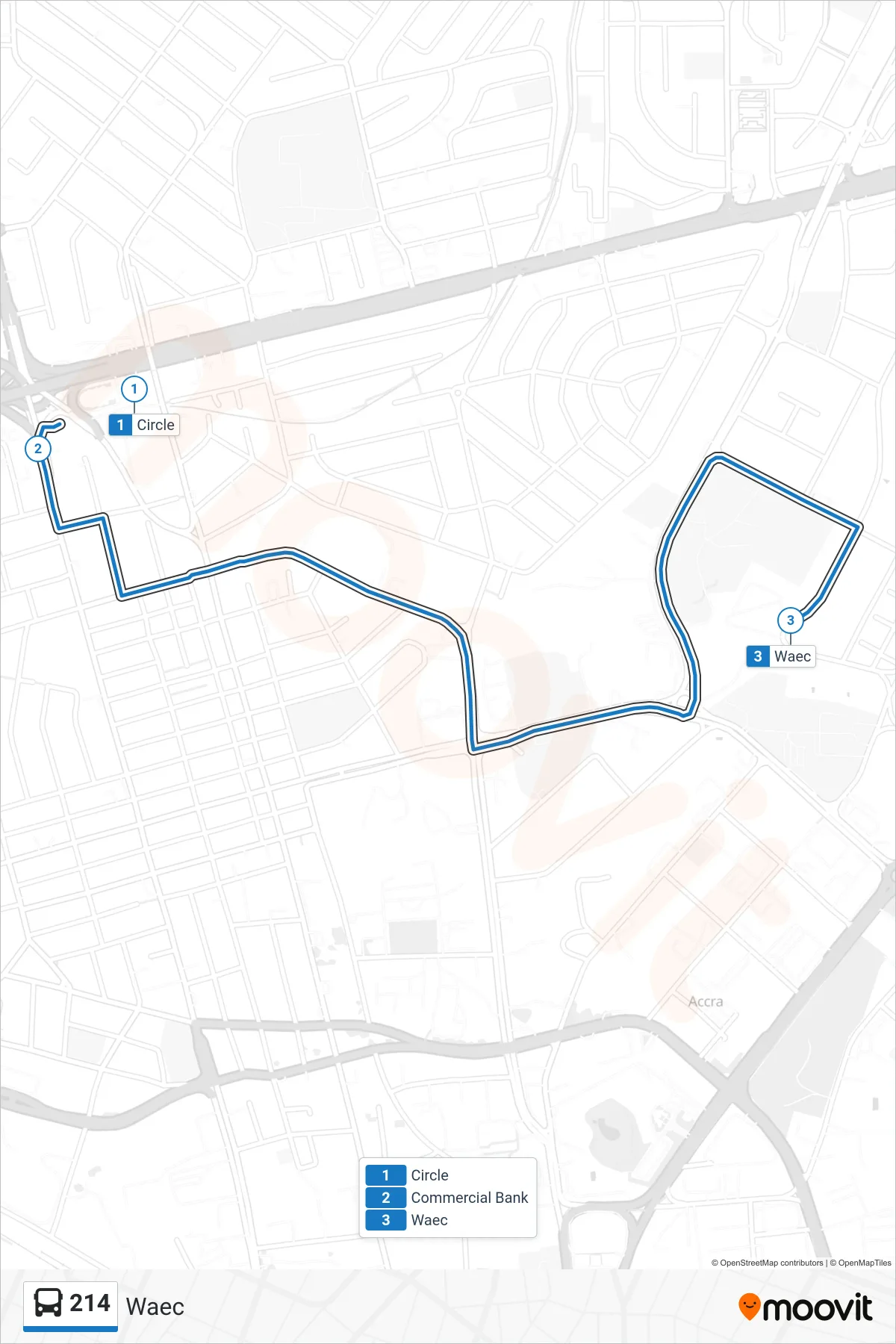 214 bus Line (Waec) route and stops on a map