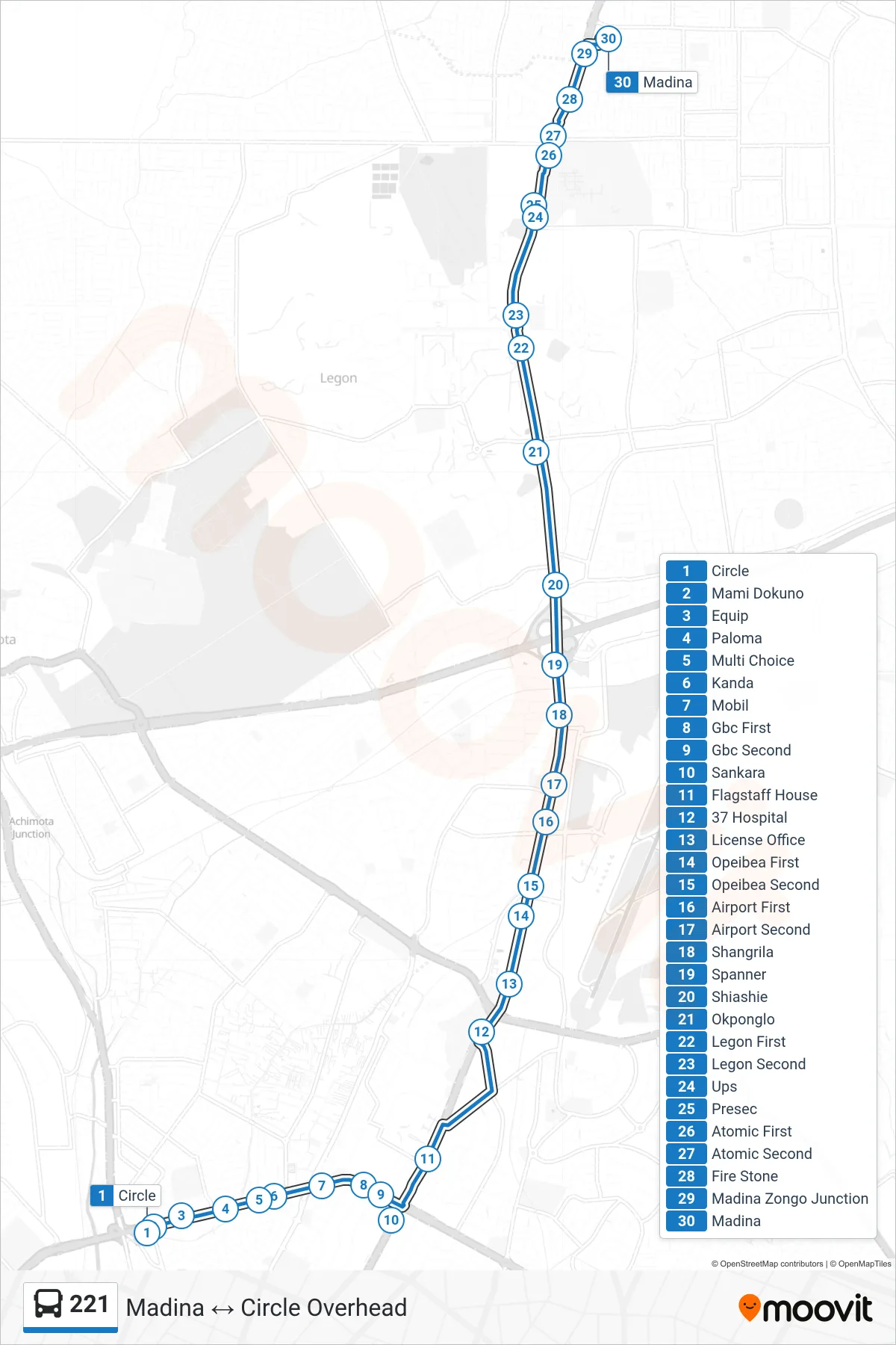 221 bus Line (Madina) route and stops on a map