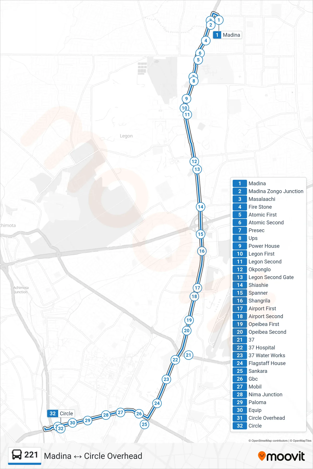 221 bus Line (Circle Overhead) route and stops on a map