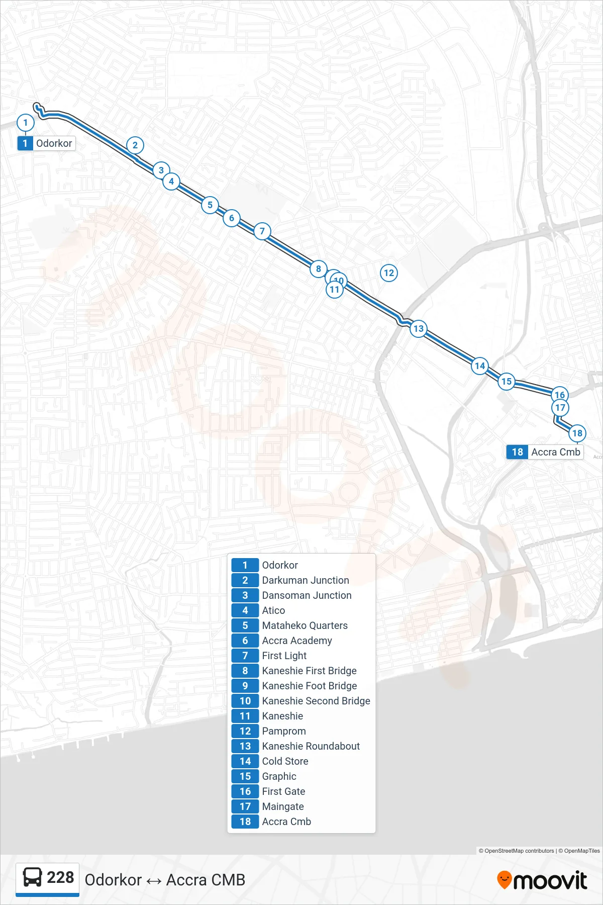 228 bus Line (Accra Cmb) route and stops on a map
