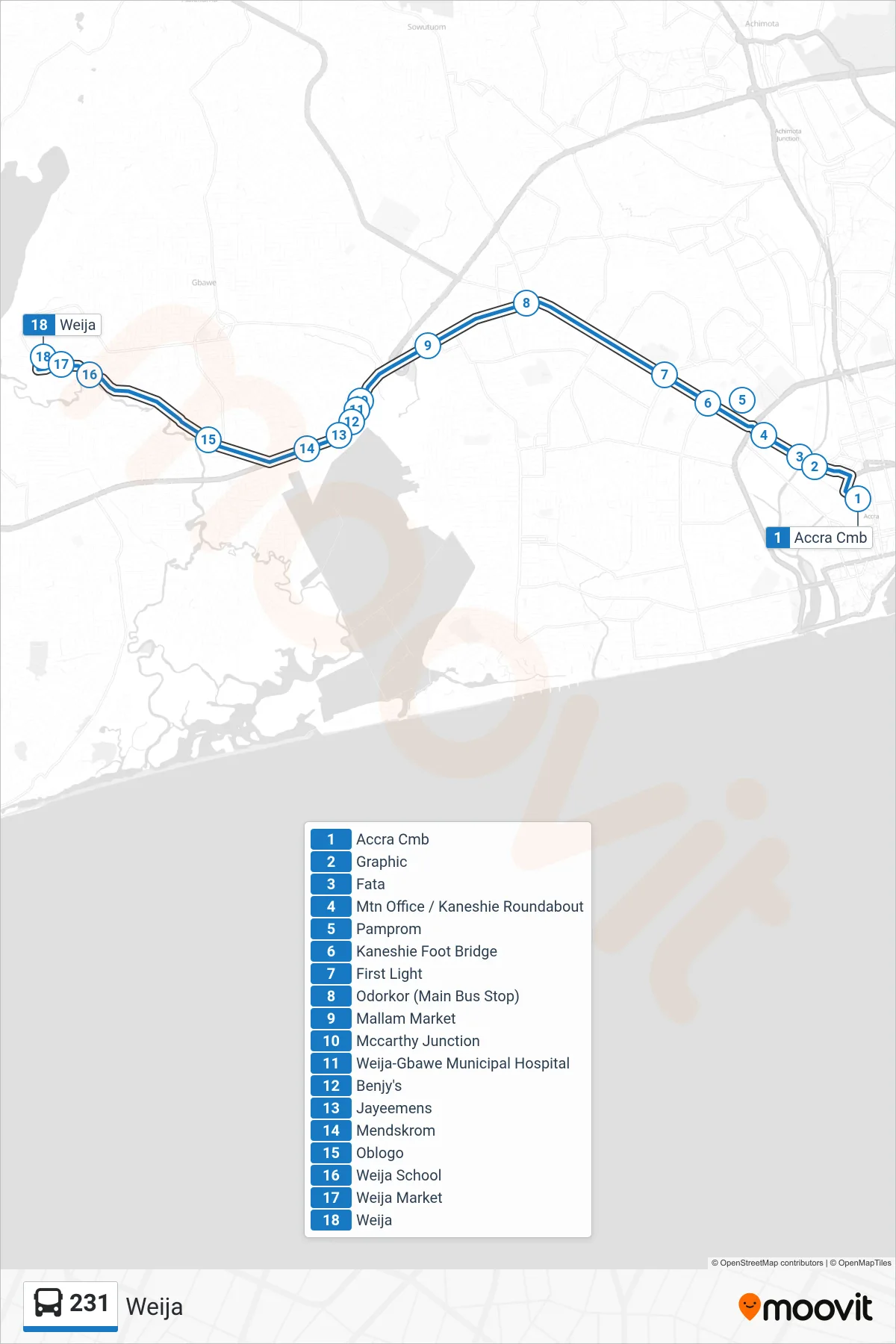 231 bus Line (Weija) route and stops on a map