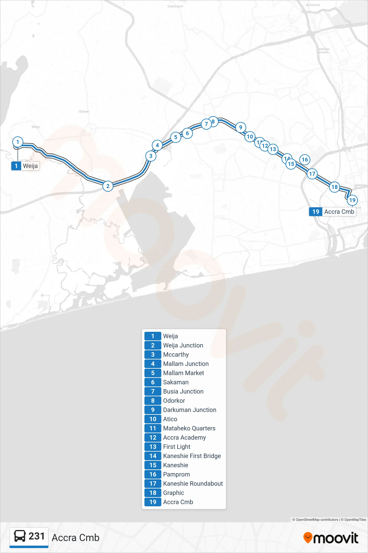 231 bus Line (Accra Cmb) route and stops on a map