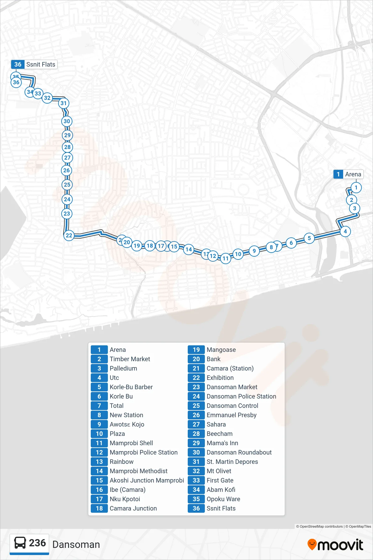 236 bus Line (Dansoman) route and stops on a map