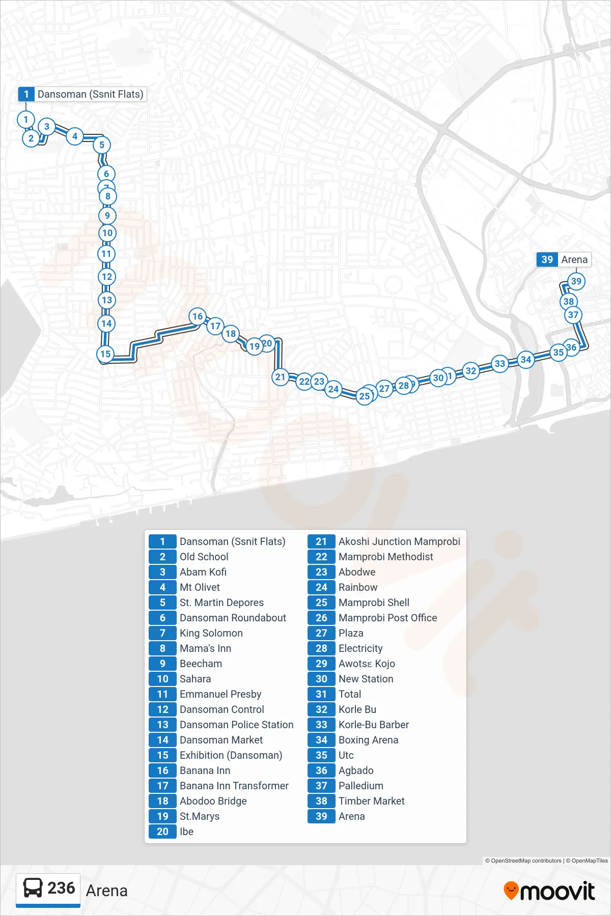 236 bus Line (Arena) route and stops on a map
