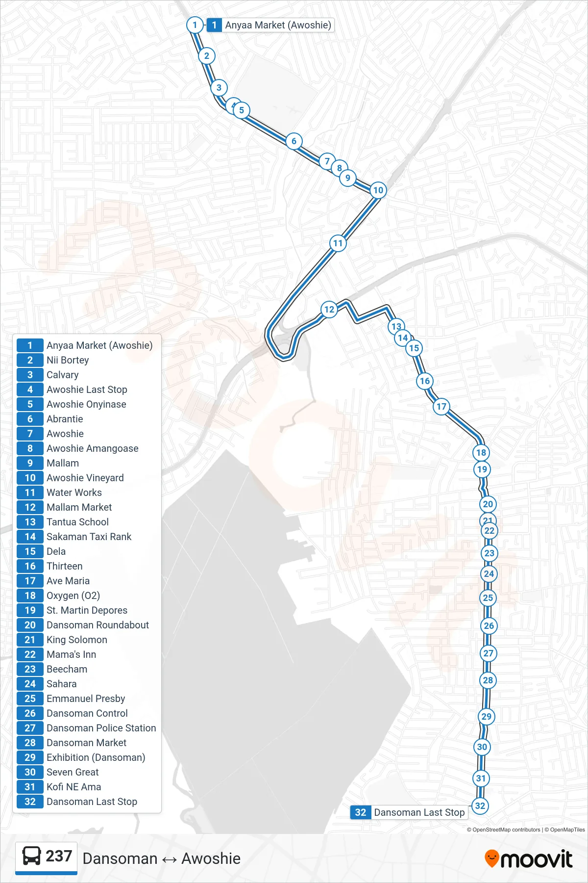 237 bus Line (Dansoman) route and stops on a map