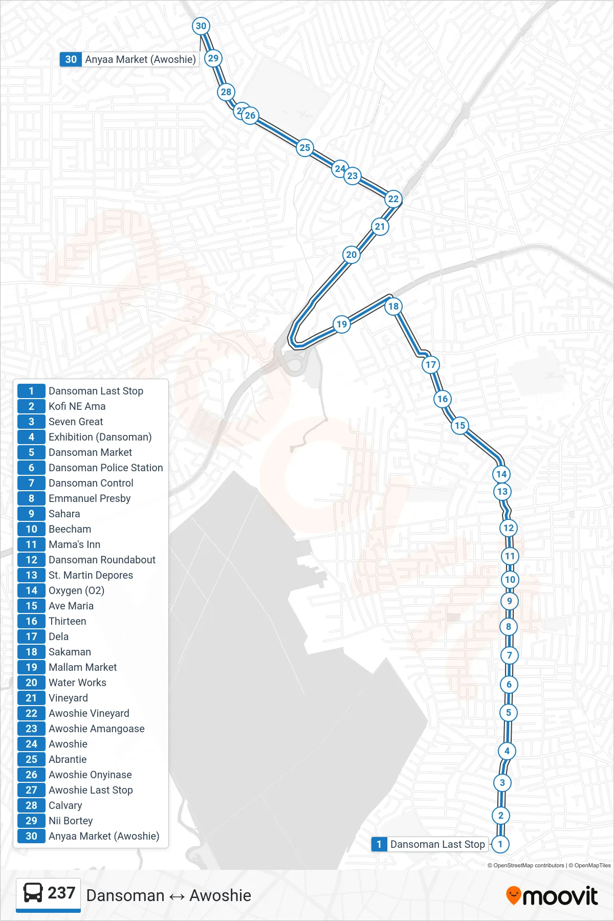237 bus Line (Awoshie) route and stops on a map
