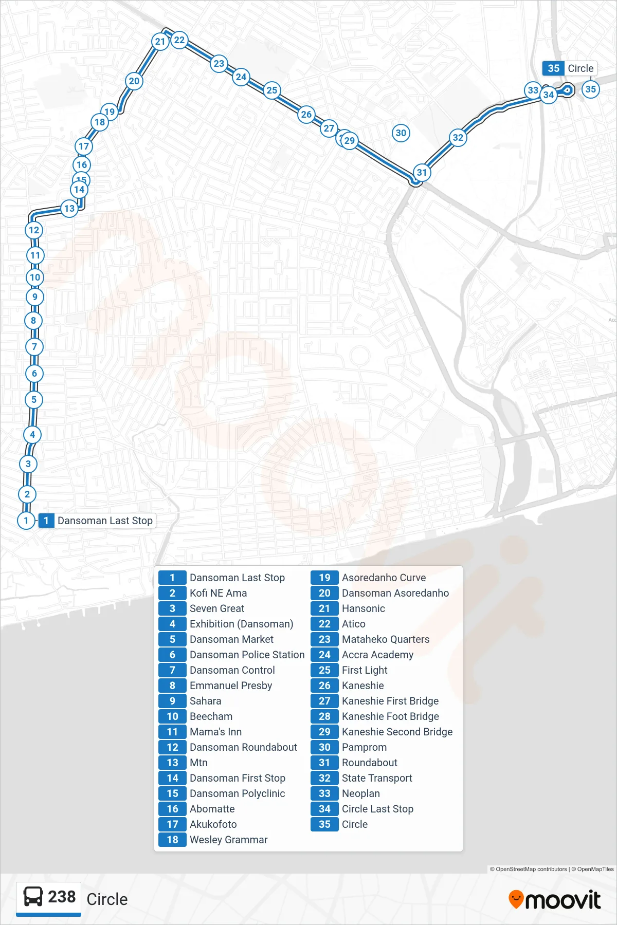 238 bus Line (Circle) route and stops on a map