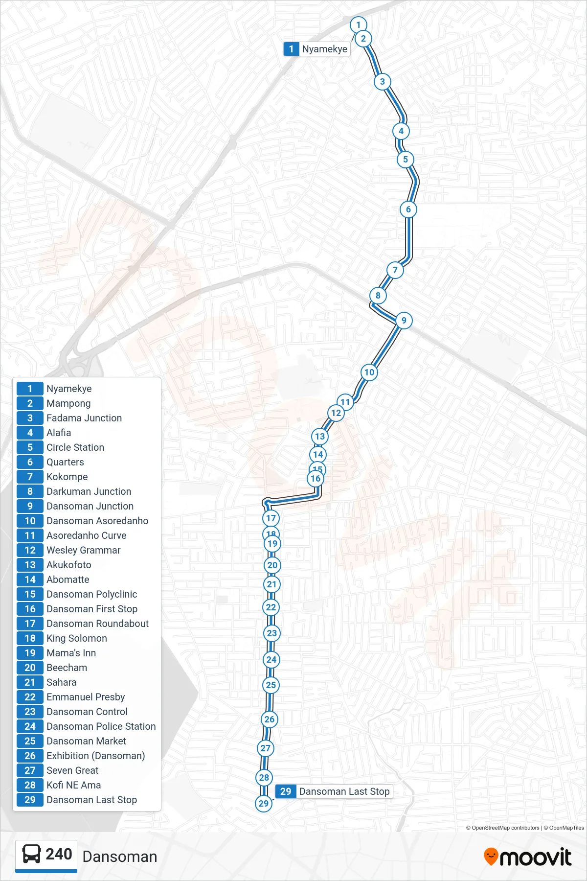240 bus Line (Dansoman) route and stops on a map