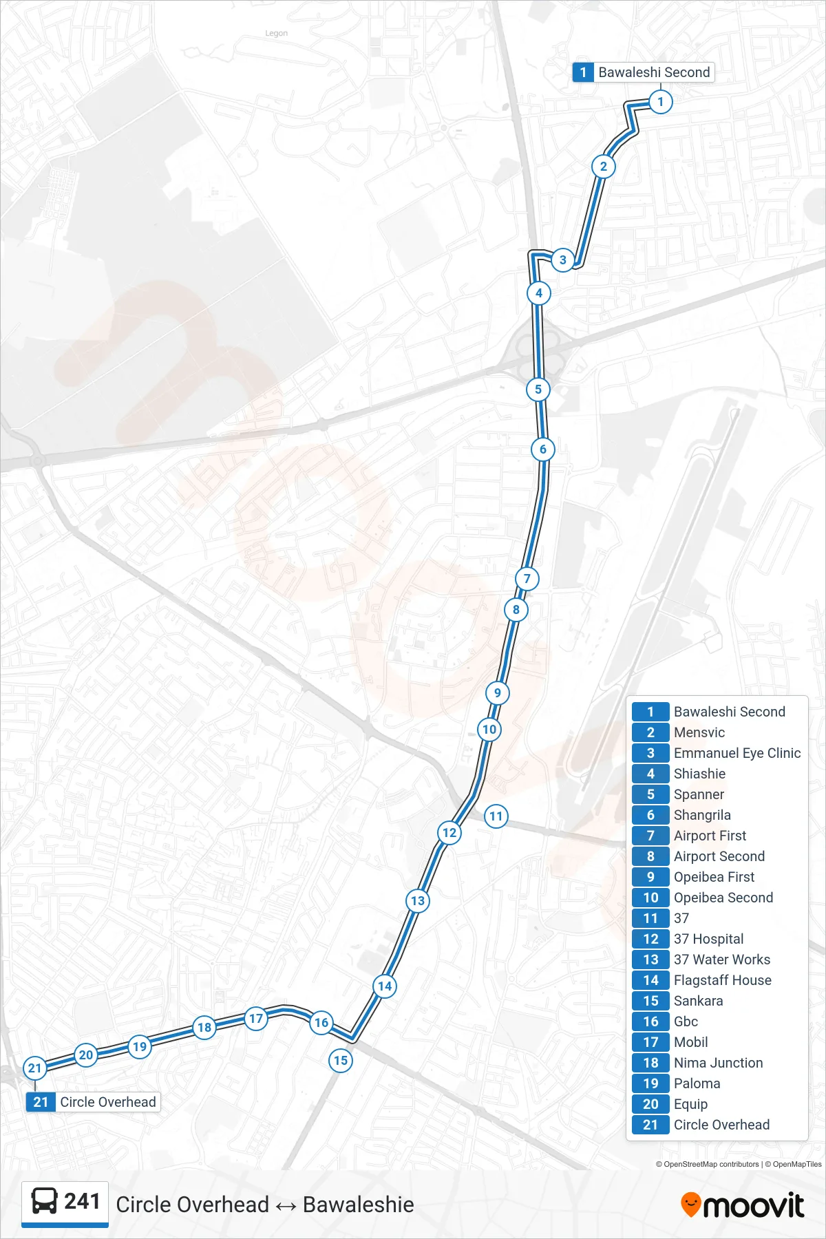 241 bus Line (Circle Overhead) route and stops on a map