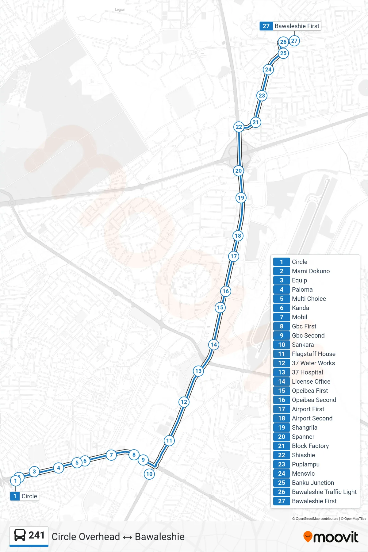 241 bus Line (Bawaleshie) route and stops on a map