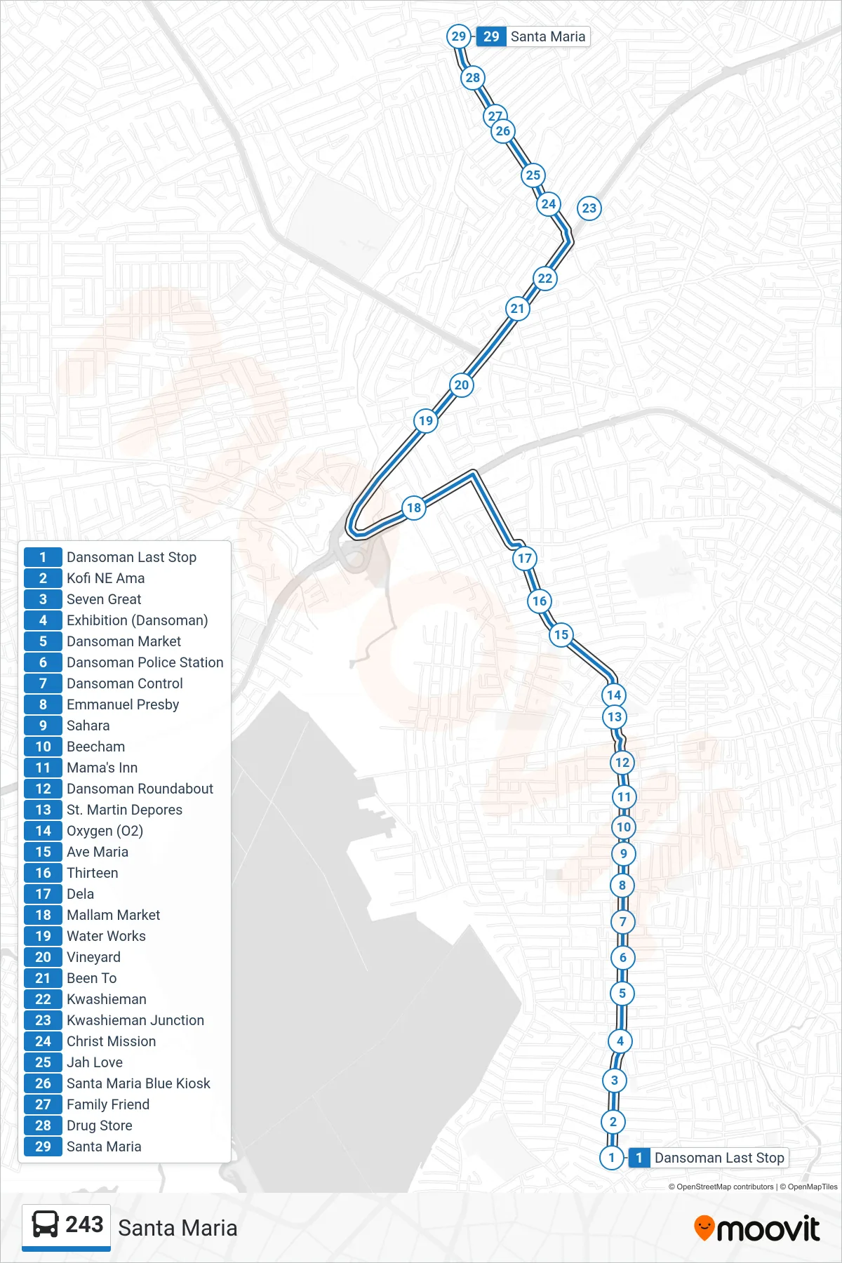 243 bus Line (Santa Maria) route and stops on a map