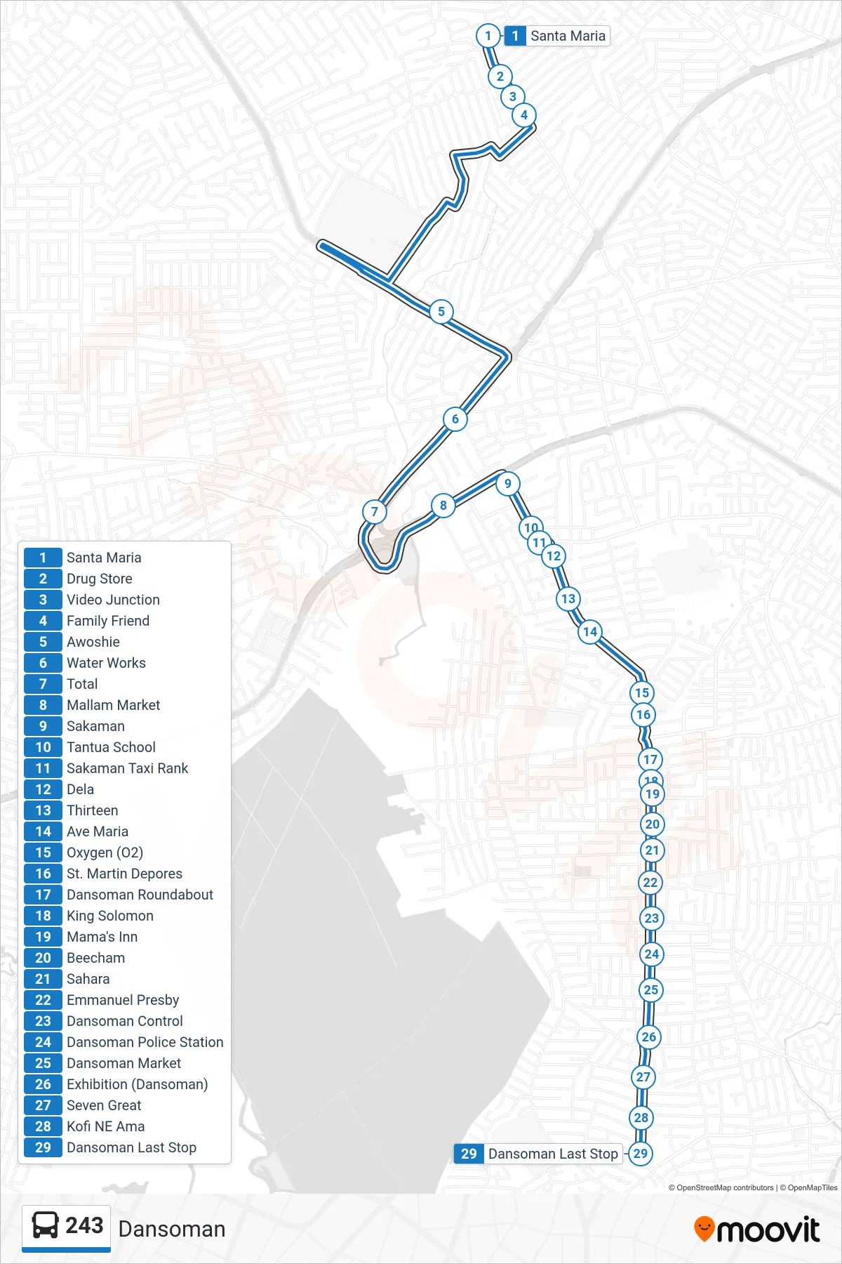243 bus Line (Dansoman) route and stops on a map