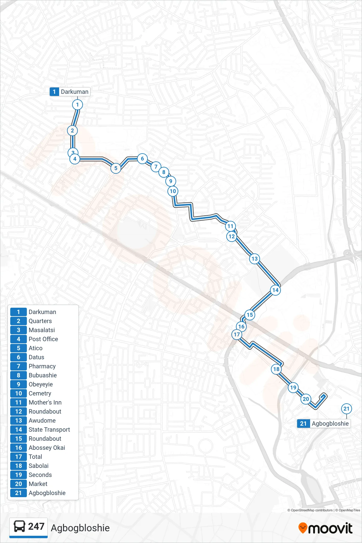 247 bus Line (Agbogbloshie) route and stops on a map