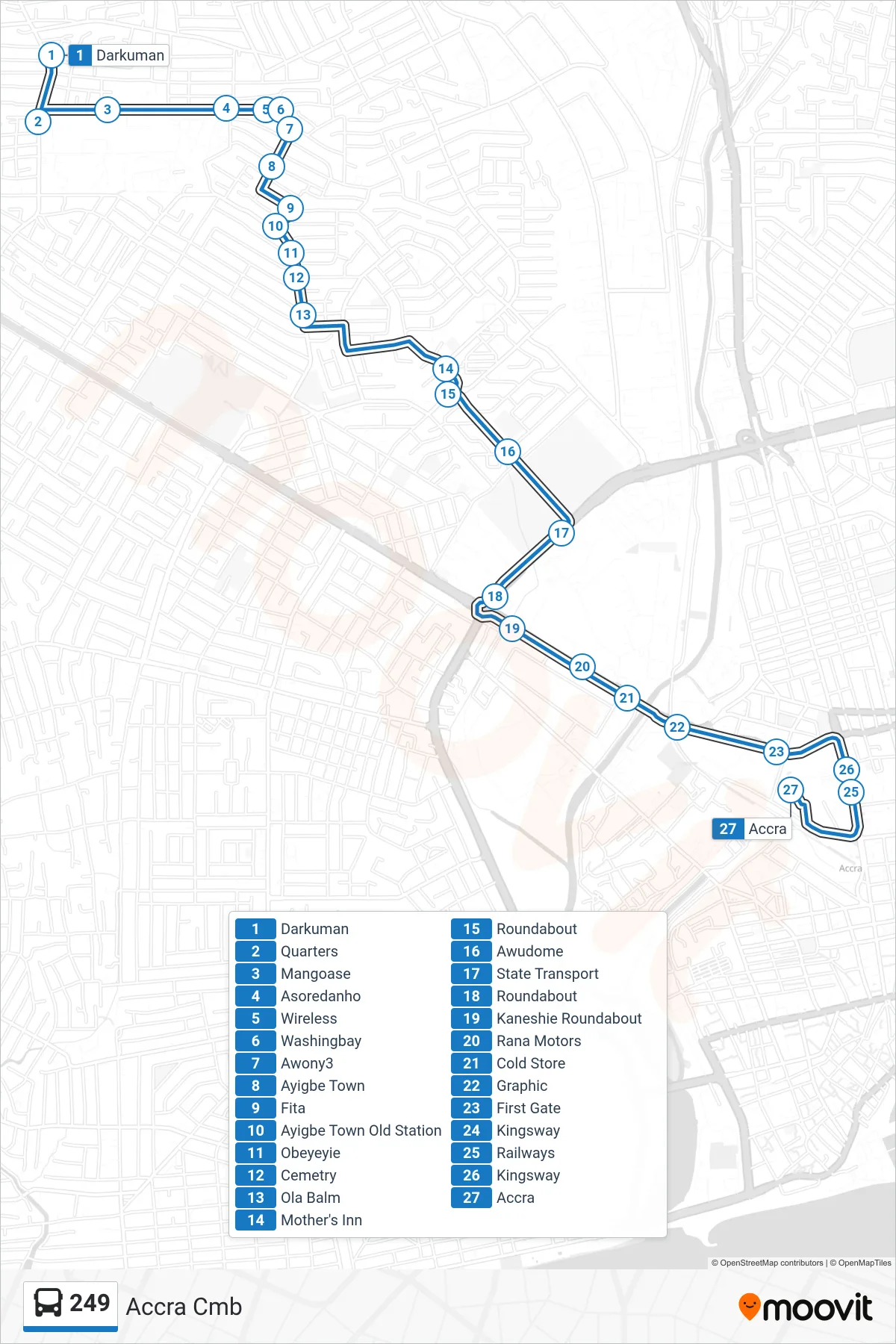 249 bus Line (Accra Cmb) route and stops on a map