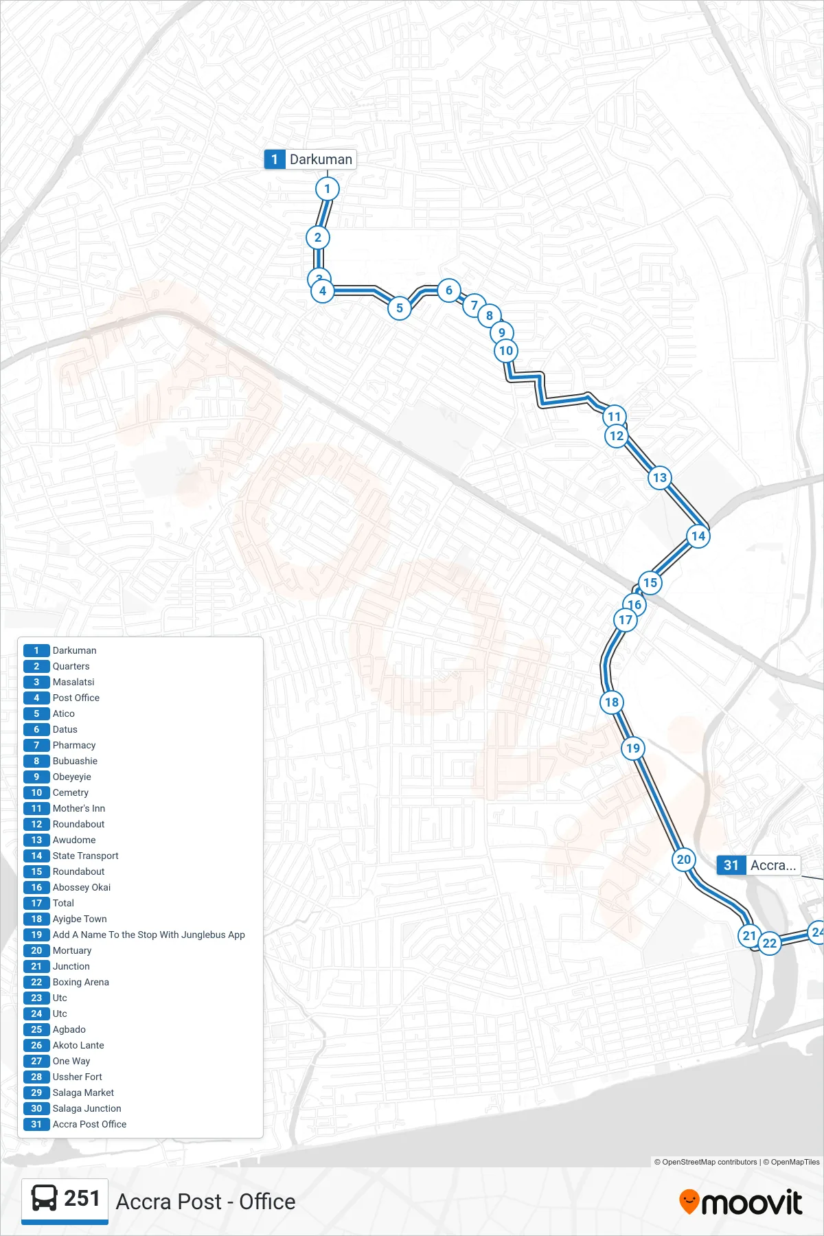 251 bus Line (Accra Post - Office) route and stops on a map