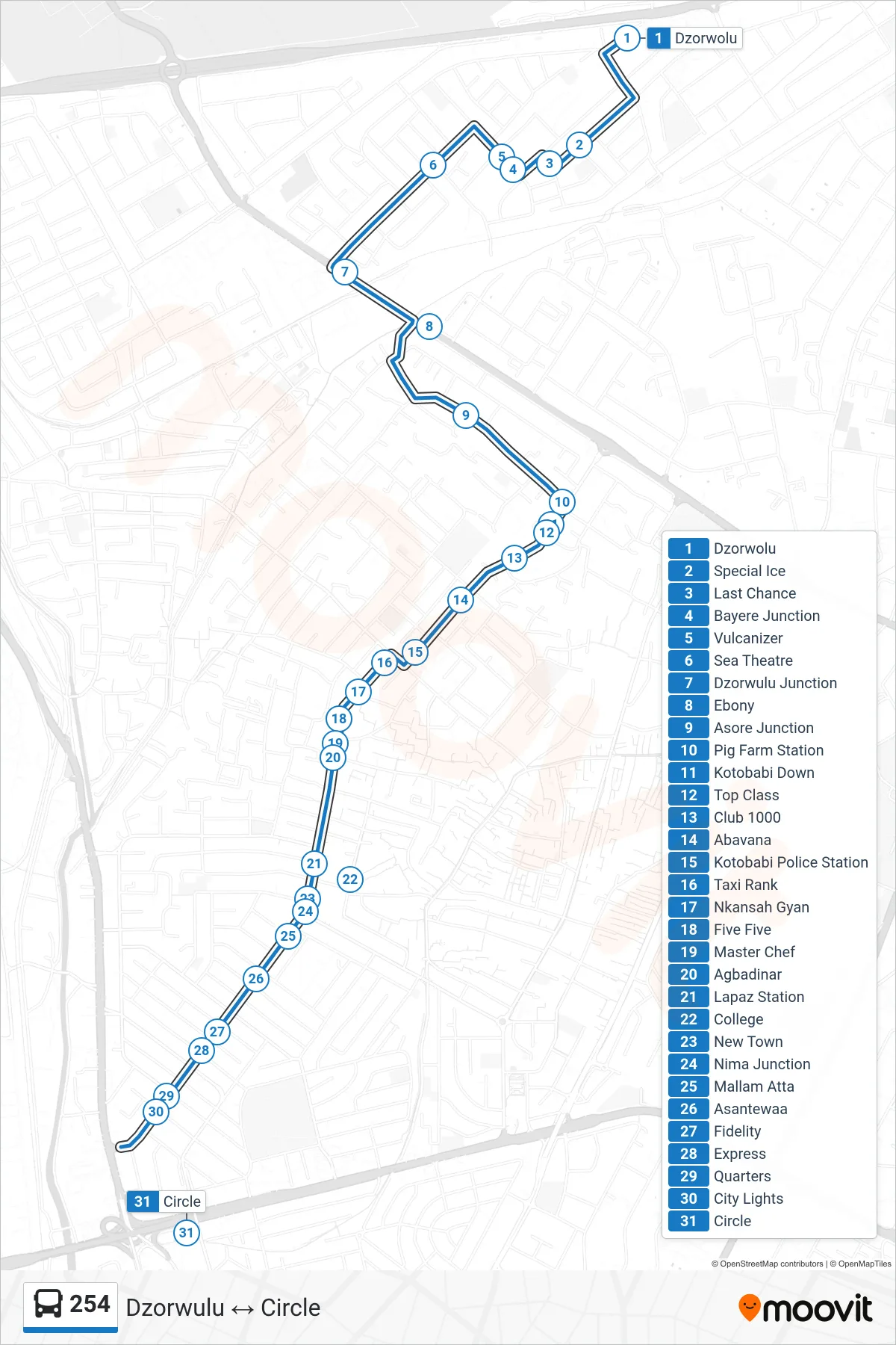 254 bus Line (Circle) route and stops on a map
