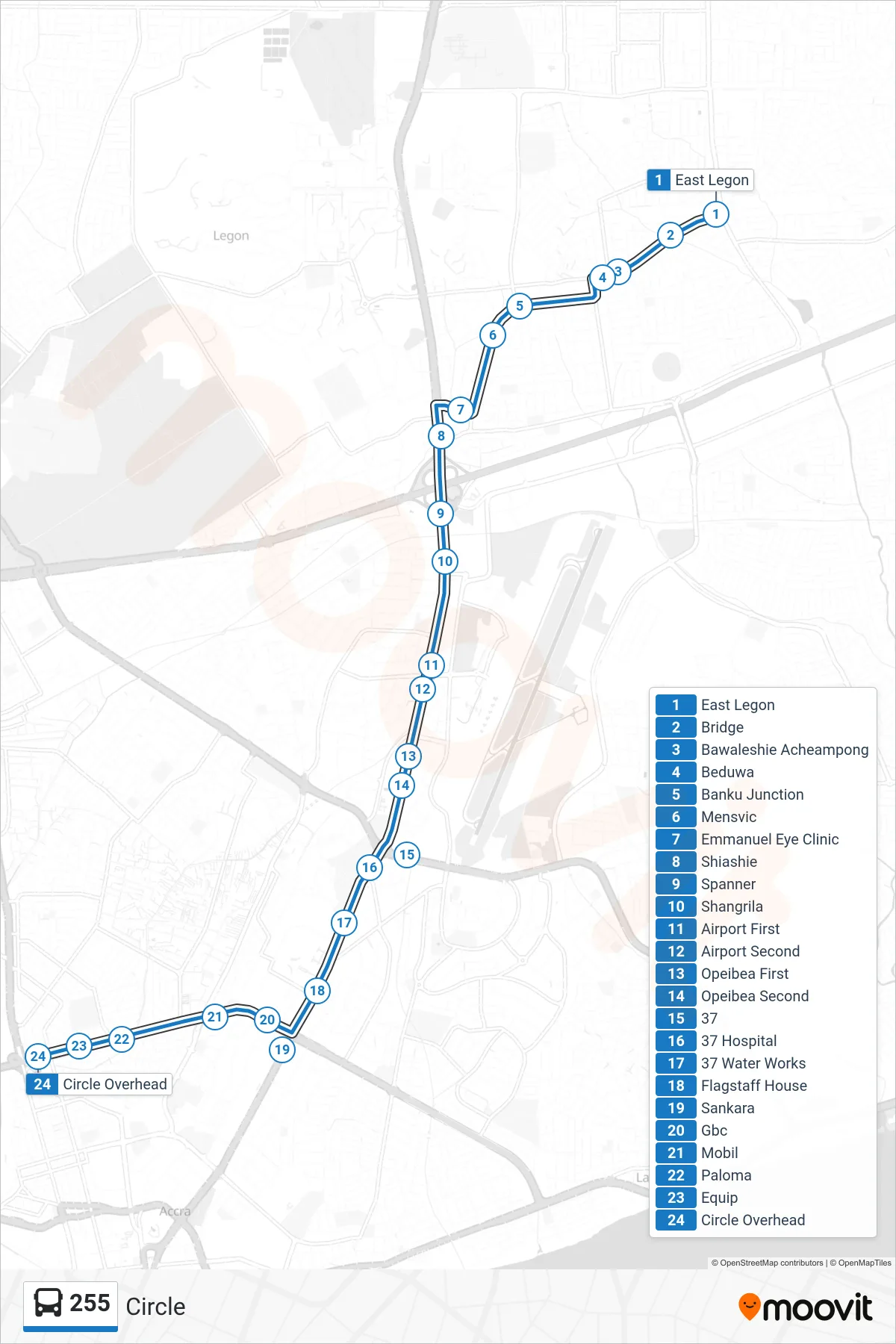 255 bus Line (Circle) route and stops on a map