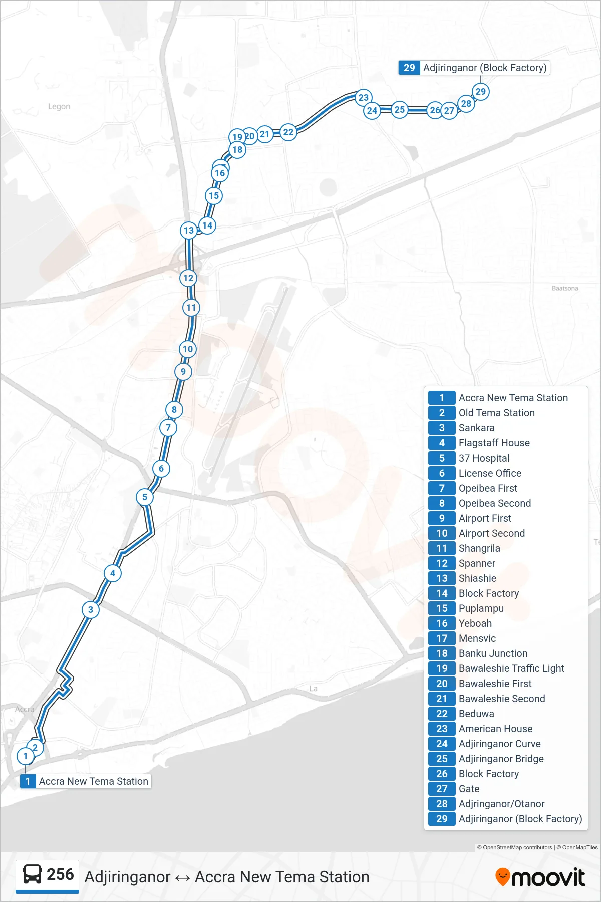 256 bus Line (Adjiringanor) route and stops on a map