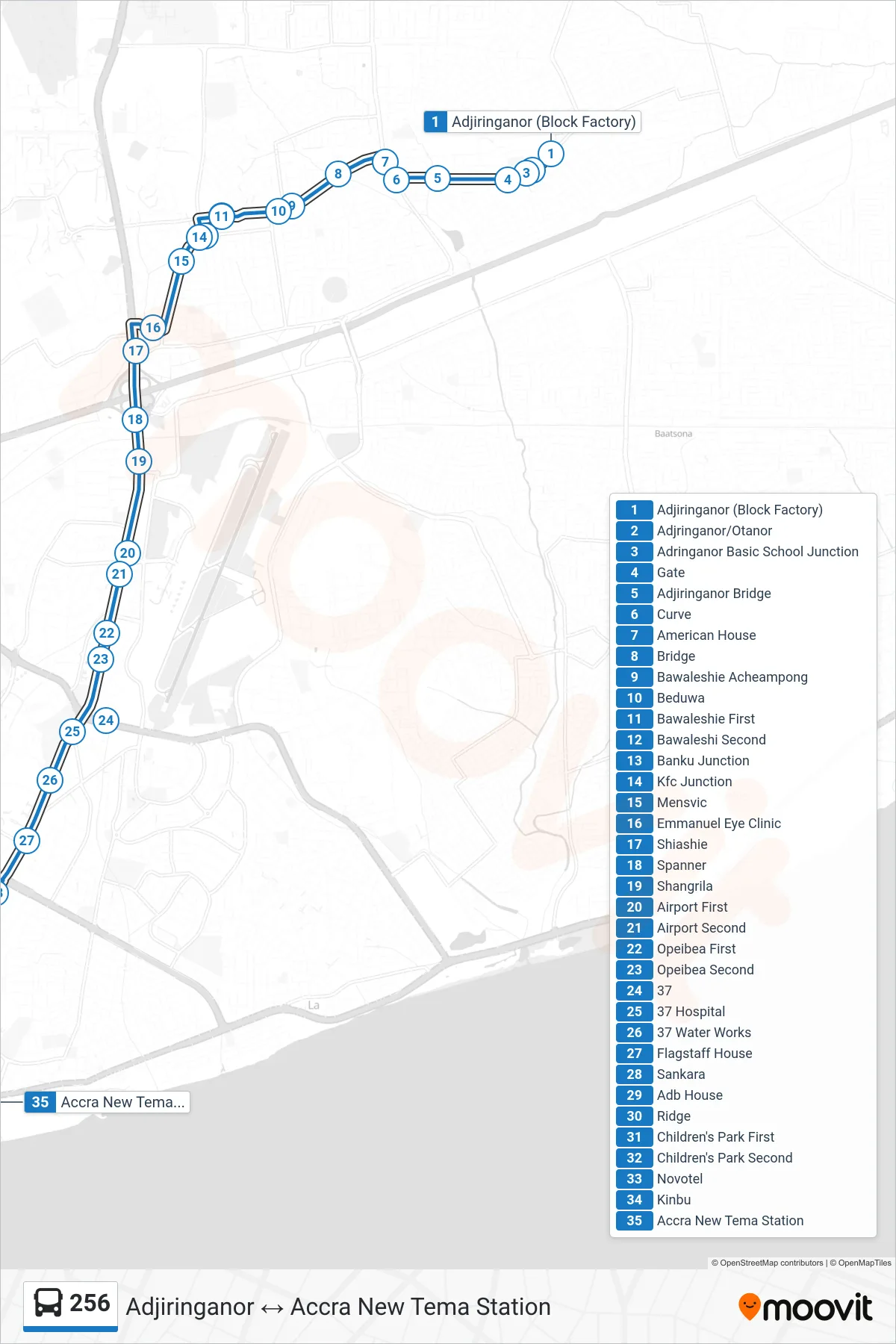 256 bus Line (Accra New Tema Station) route and stops on a map